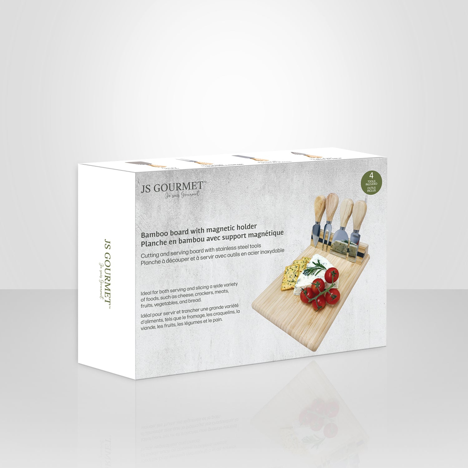 JS Gourmet – planche à fromage en bambou avec 4 couteaux et support magnétique
