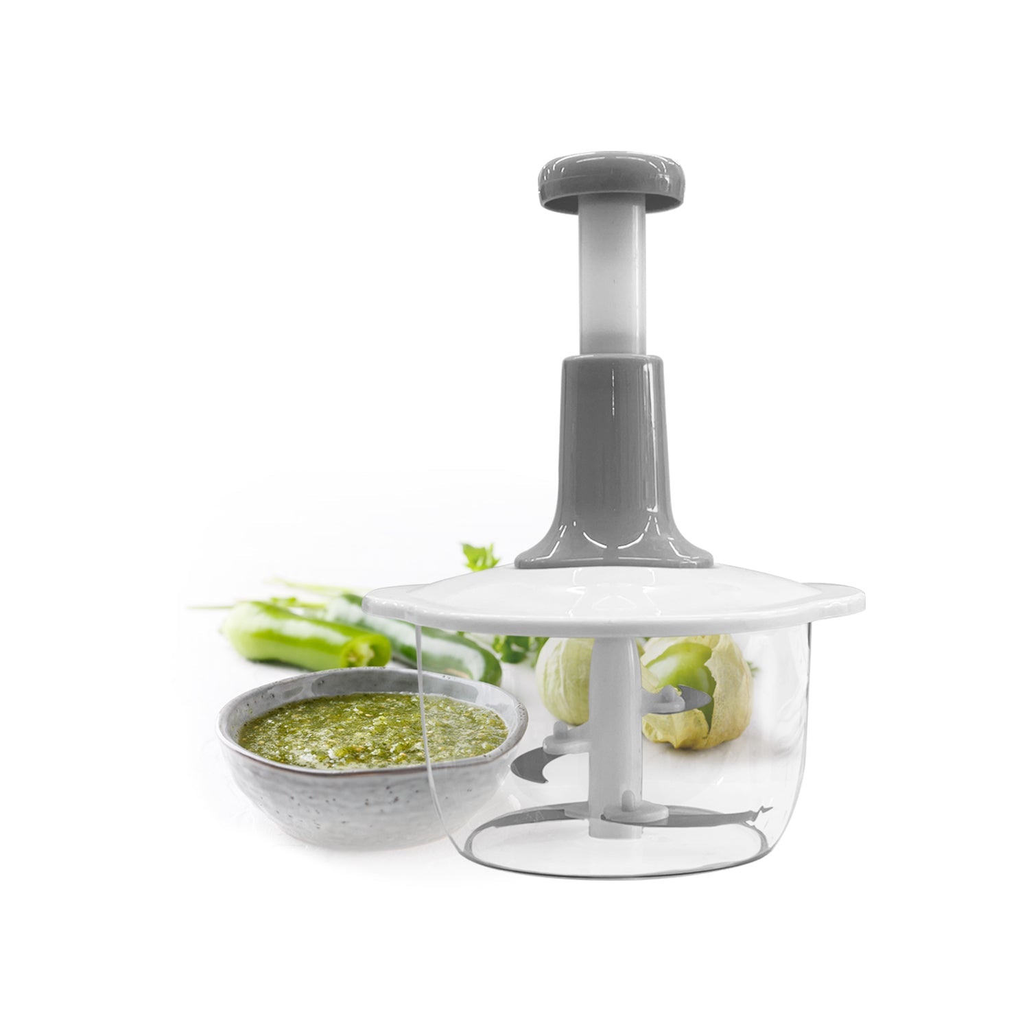 JS Gourmet - Hand Press Food Chopper, 2 Liter Capacity, White