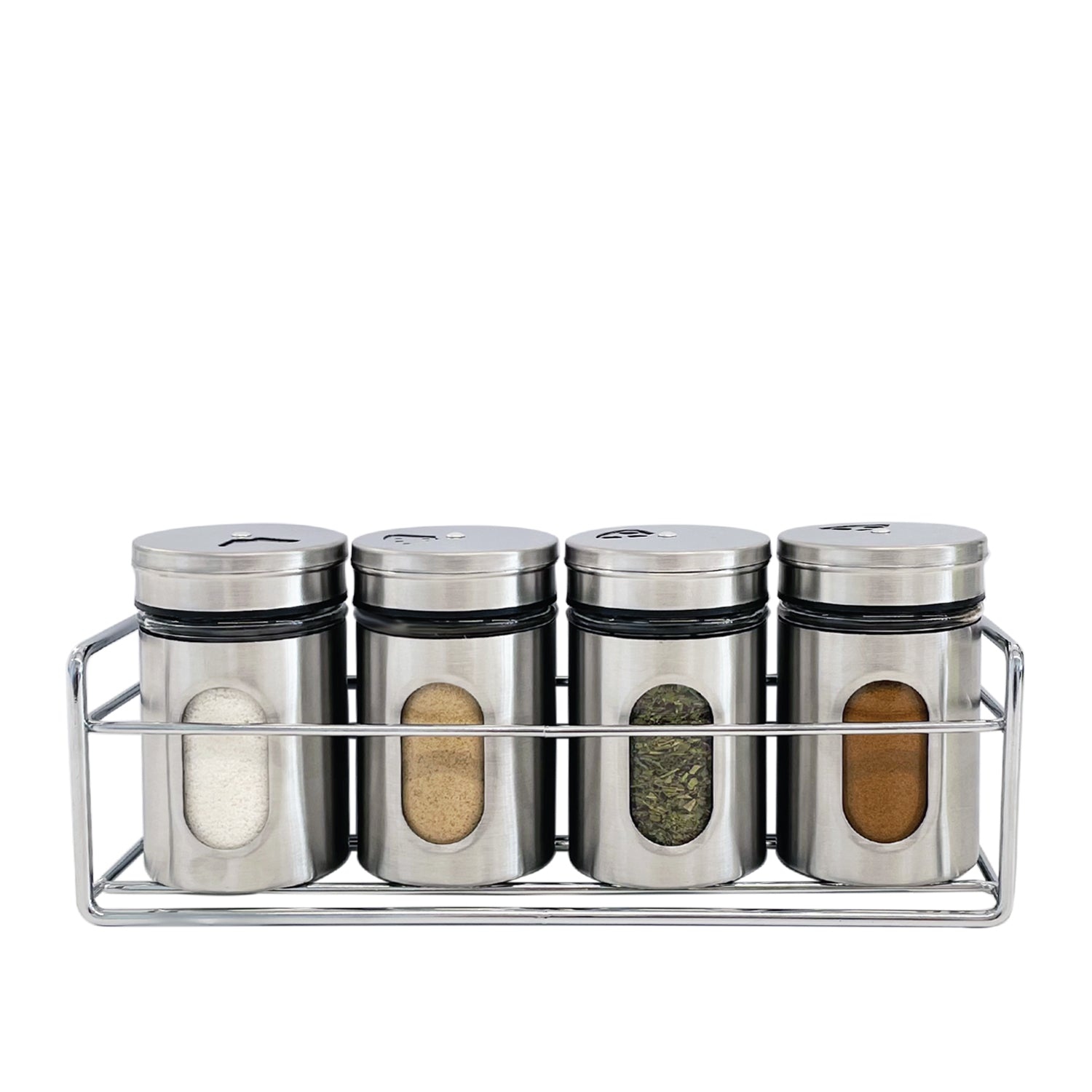 JS Gourmet - Set of 4 Spice Containers with Storage Tray, Stainless Steel