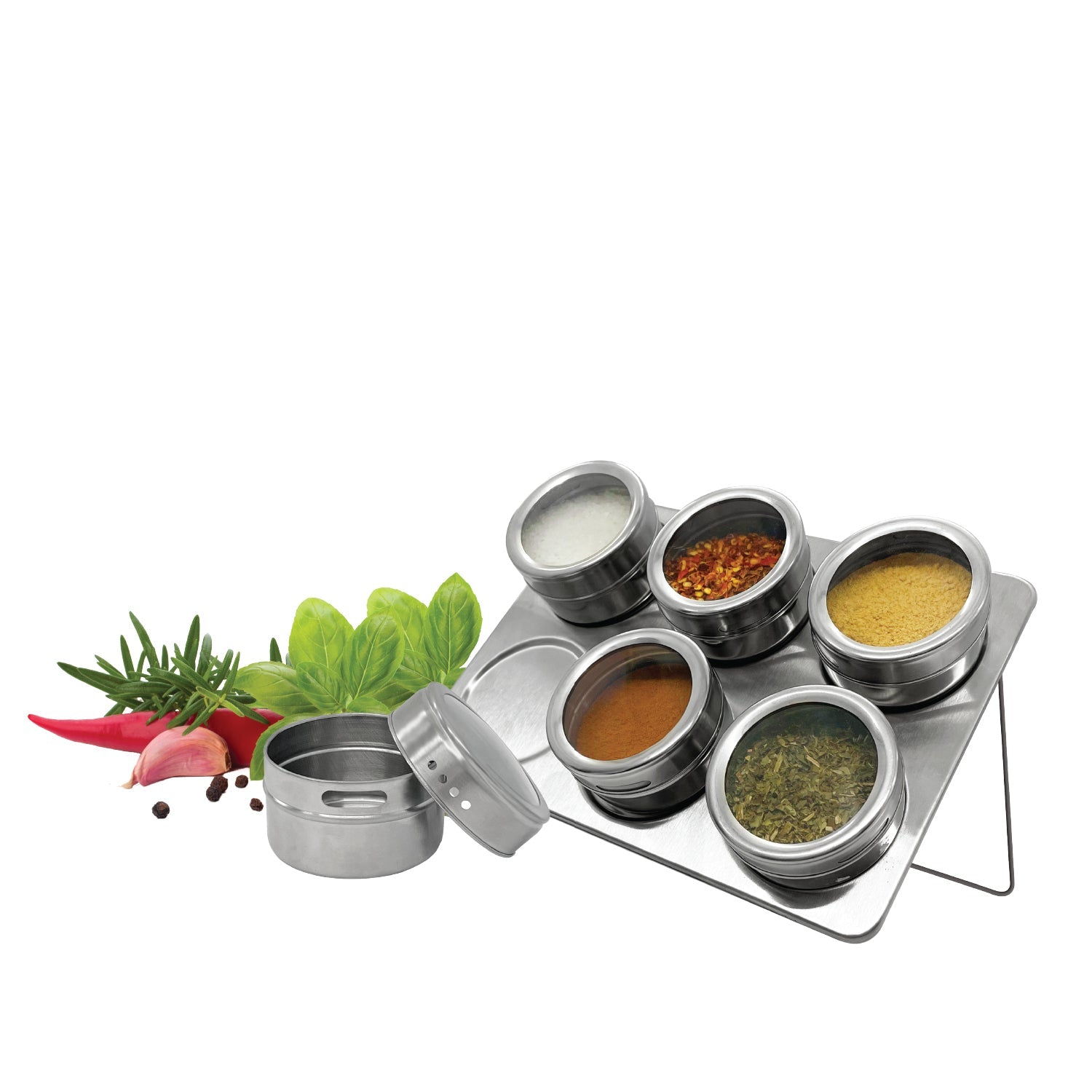 JS Gourmet - Set of 6 Magnetic Spice Jars with Storage Tray, Stainless Steel