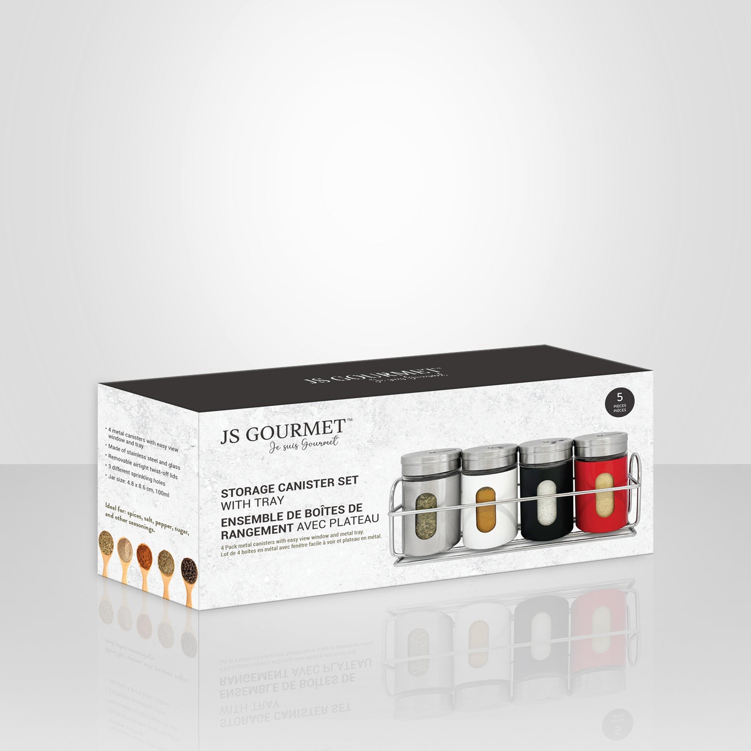 JS Gourmet - Set of 4 Spice Jars with Storage Tray, Stainless Steel