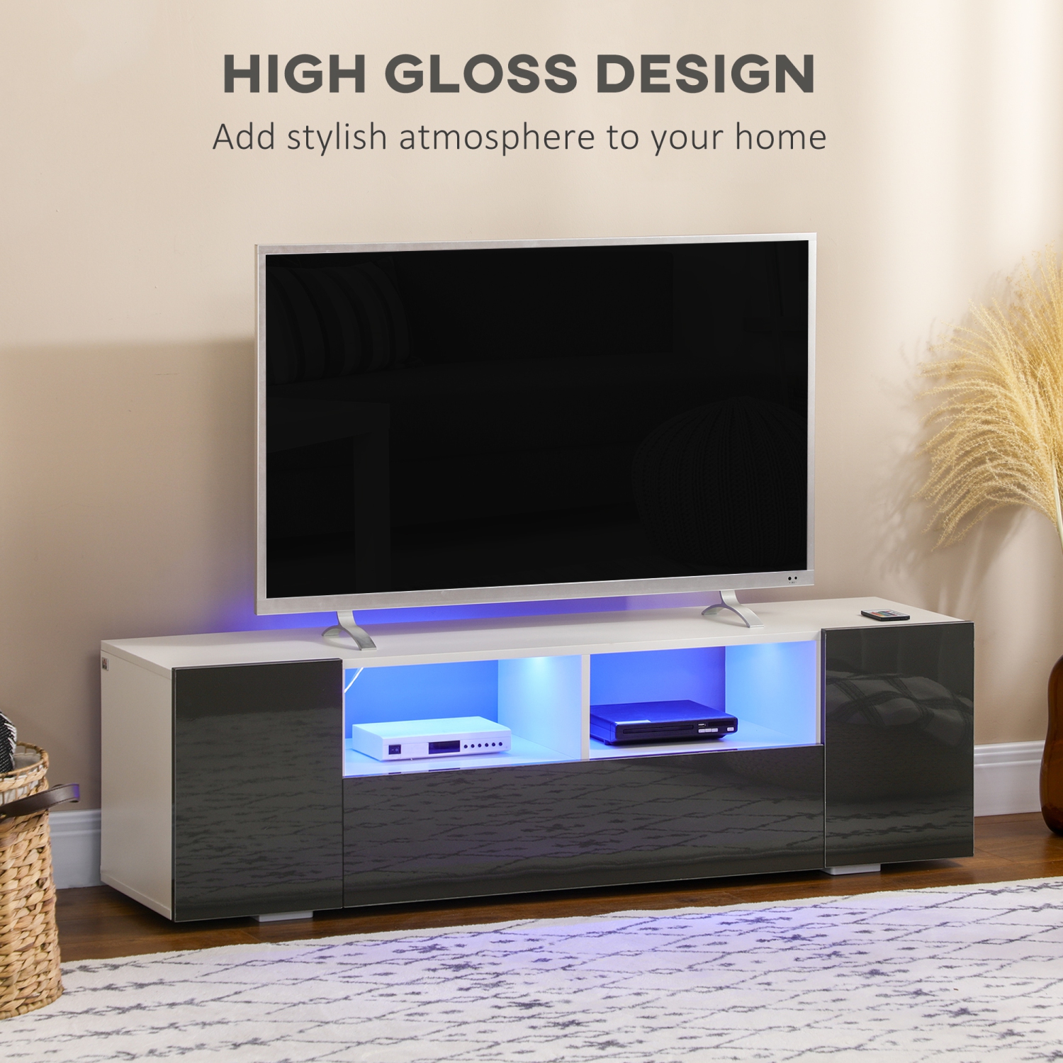 HOMCOM High Gloss TV Cabinet Stand for TVs up to 60" with LED Lights, Entertainment Center with Storage Shelves and Cupboards, Grey