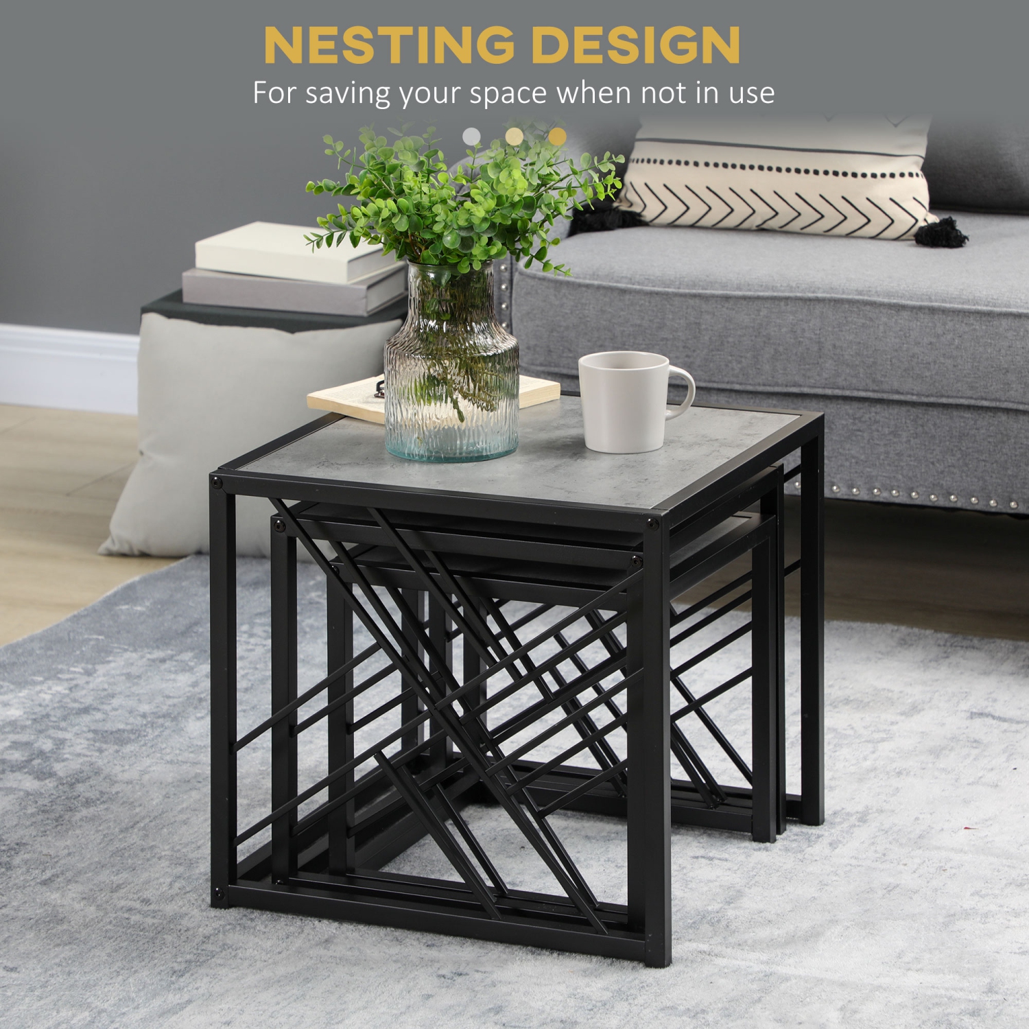 HOMCOM Nesting Tables Set of 3, Square Small Coffee Tables with Faux Marbled Top and Metal Frame for Living Room, Grey