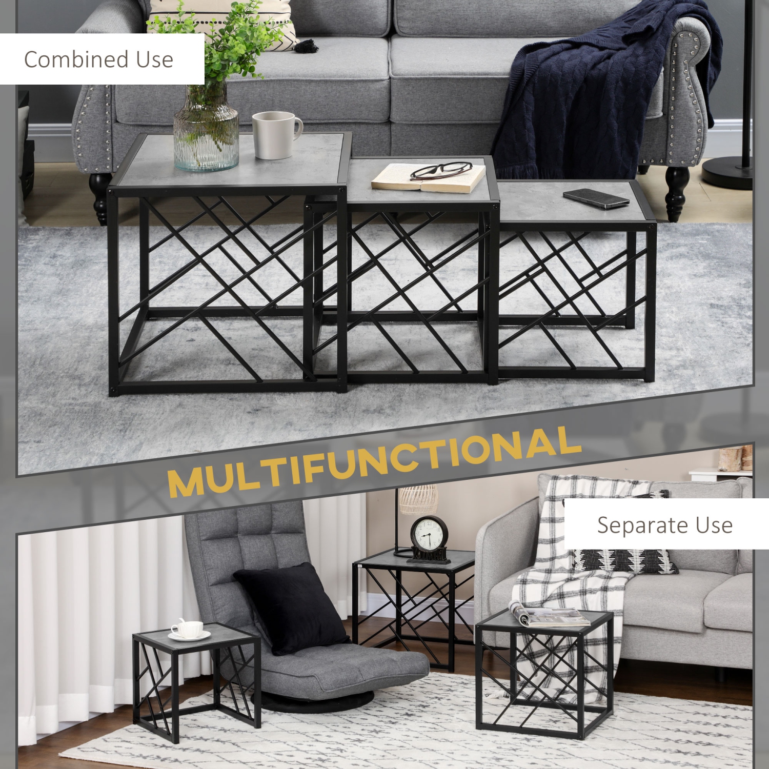HOMCOM Nesting Tables Set of 3, Square Small Coffee Tables with Faux Marbled Top and Metal Frame for Living Room, Grey