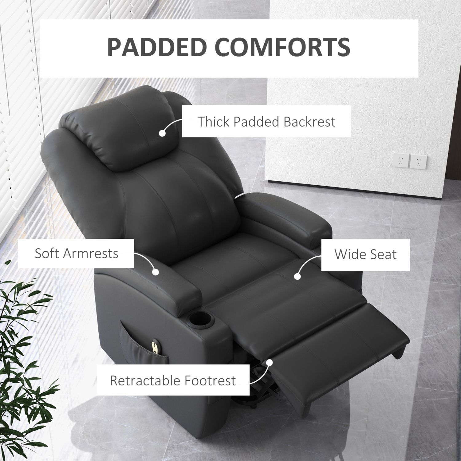 Fauteuil inclinable électrique pour personnes âgées de HOMCOM, fauteuil en cuir PU avec repose-pieds, télécommande, pochettes latérales et