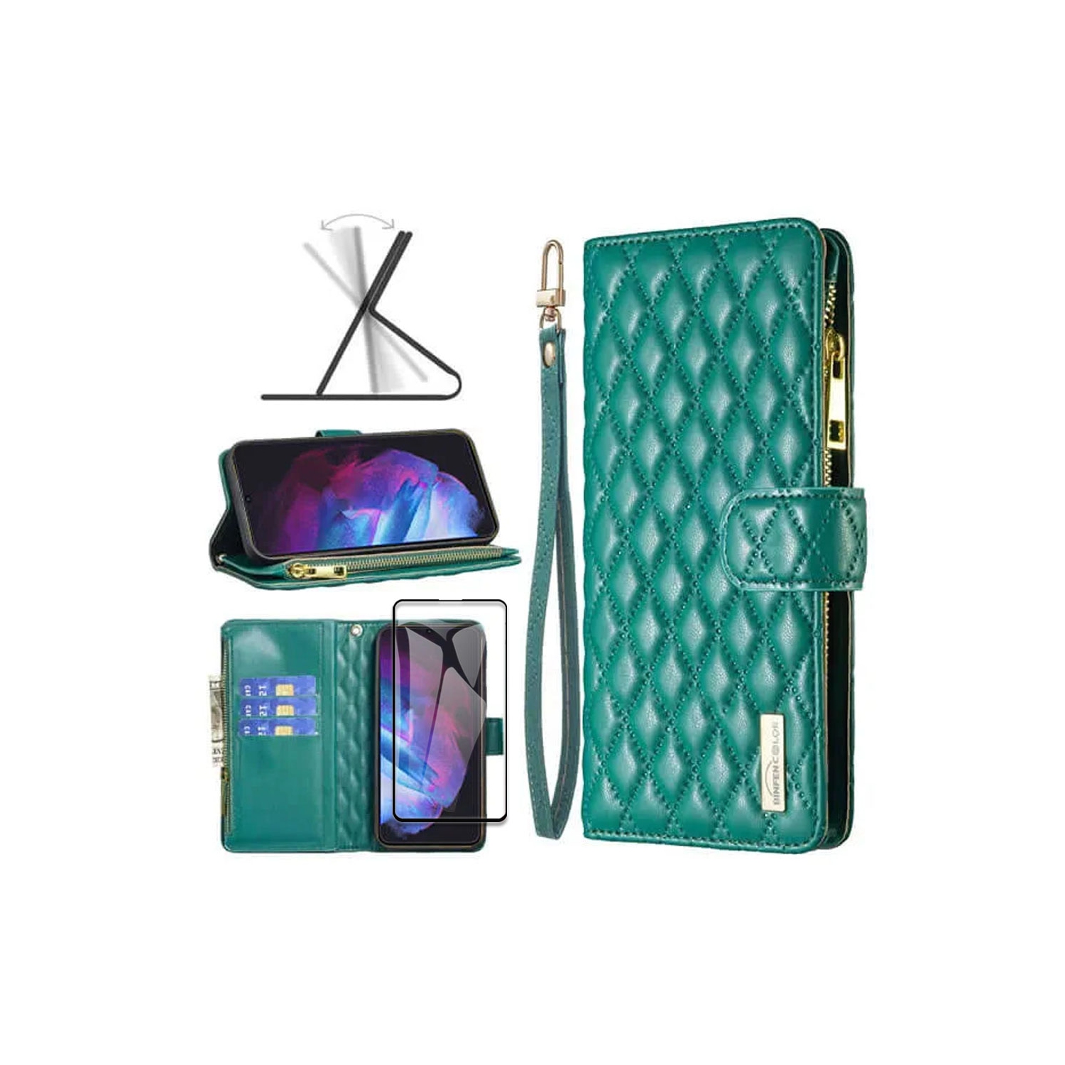 Samsung Smart View Diamond Quilted Leather Protective Case Cover For Galaxy S23 Green With Free Tempered Glass