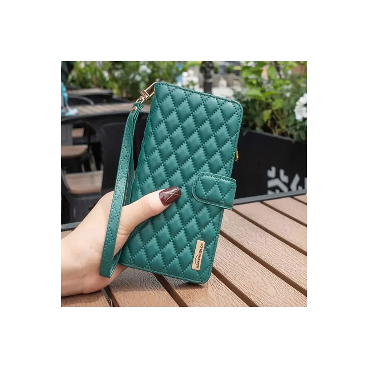 Samsung Smart View Diamond Quilted Leather Protective Case Cover For Galaxy S23 Green With Free Tempered Glass