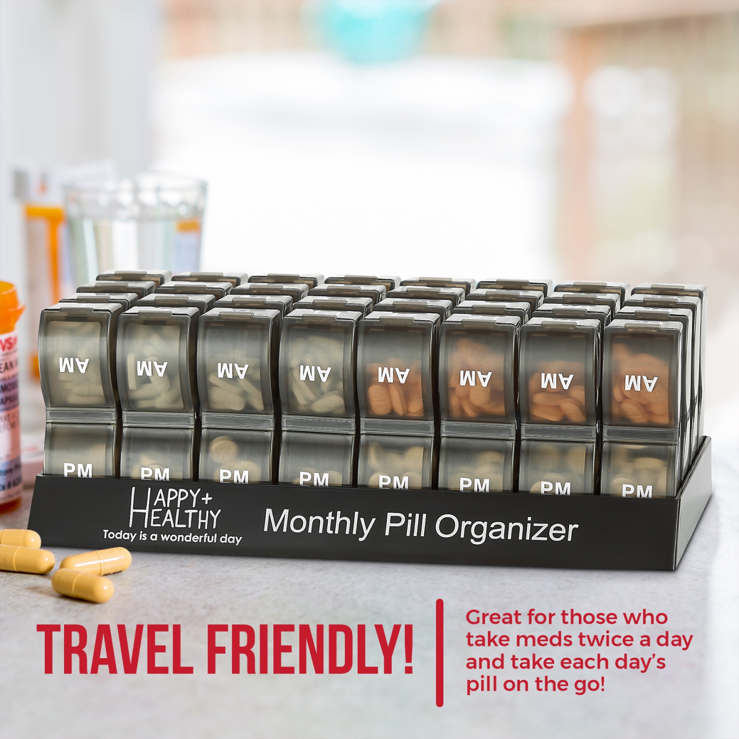 Pilulier mensuel - AM/PM Daily Pill Organizer 32 compartiments pour chaque jour, distributeur de pilules et distributeur qui vous aide à organiser