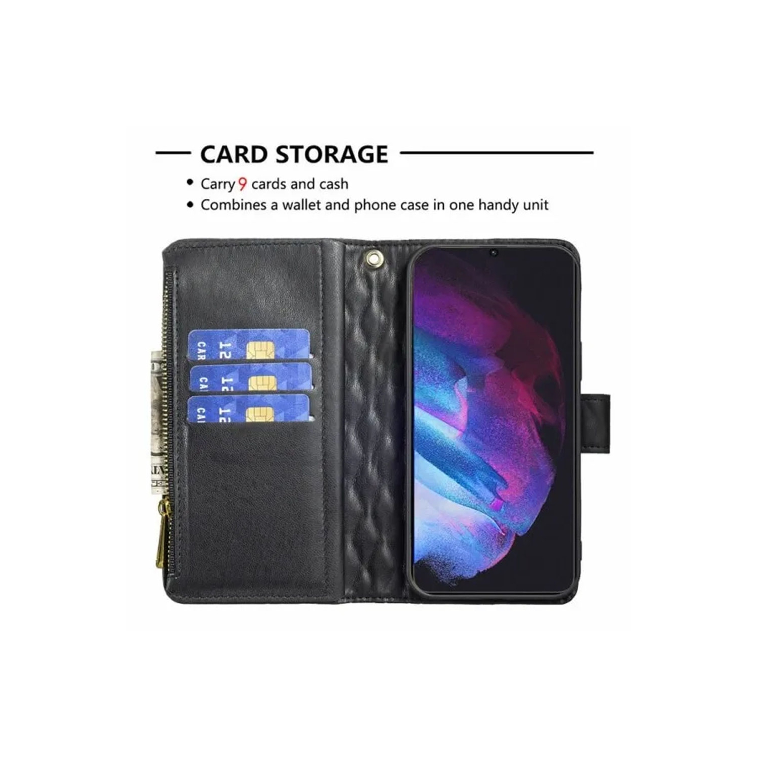 Samsung Smart View – Étui protecteur en cuir matelassé Diamond pour Galaxy S23 plus noir avec verre trempé gratuit