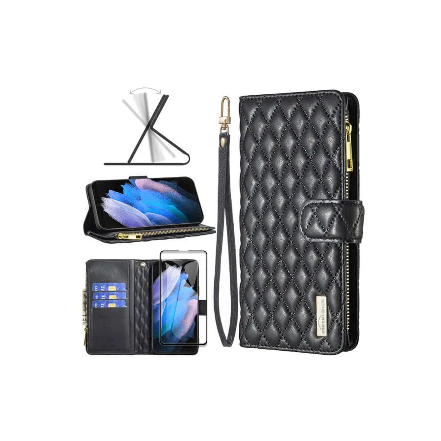 Samsung Smart View Diamond Quilted Leather Protective Case Cover For Galaxy S23 Ultra Black With Free Tempered Glass