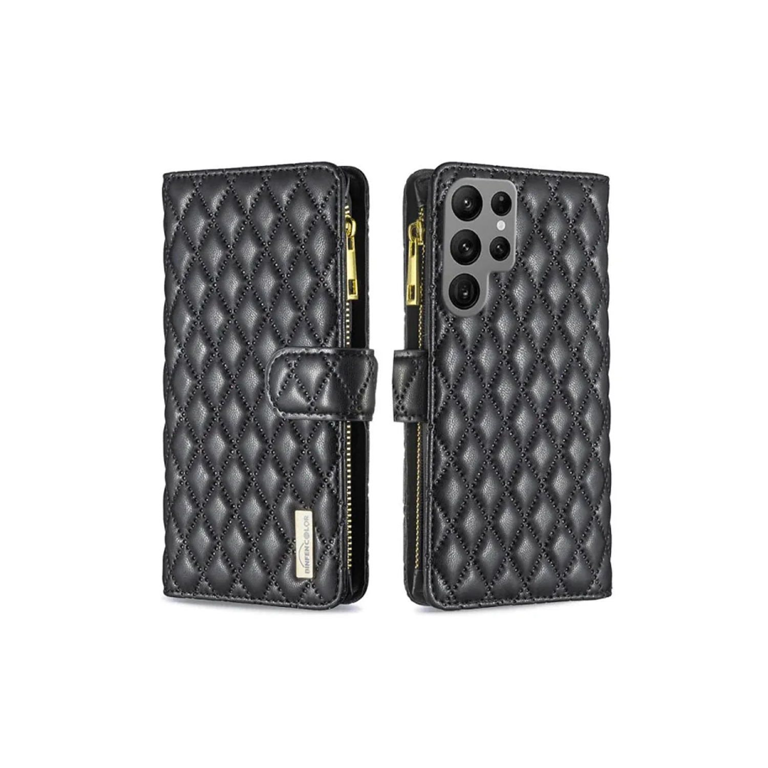 Samsung Smart View Diamond Quilted Leather Protective Case Cover For Galaxy S23 Ultra Black With Free Tempered Glass