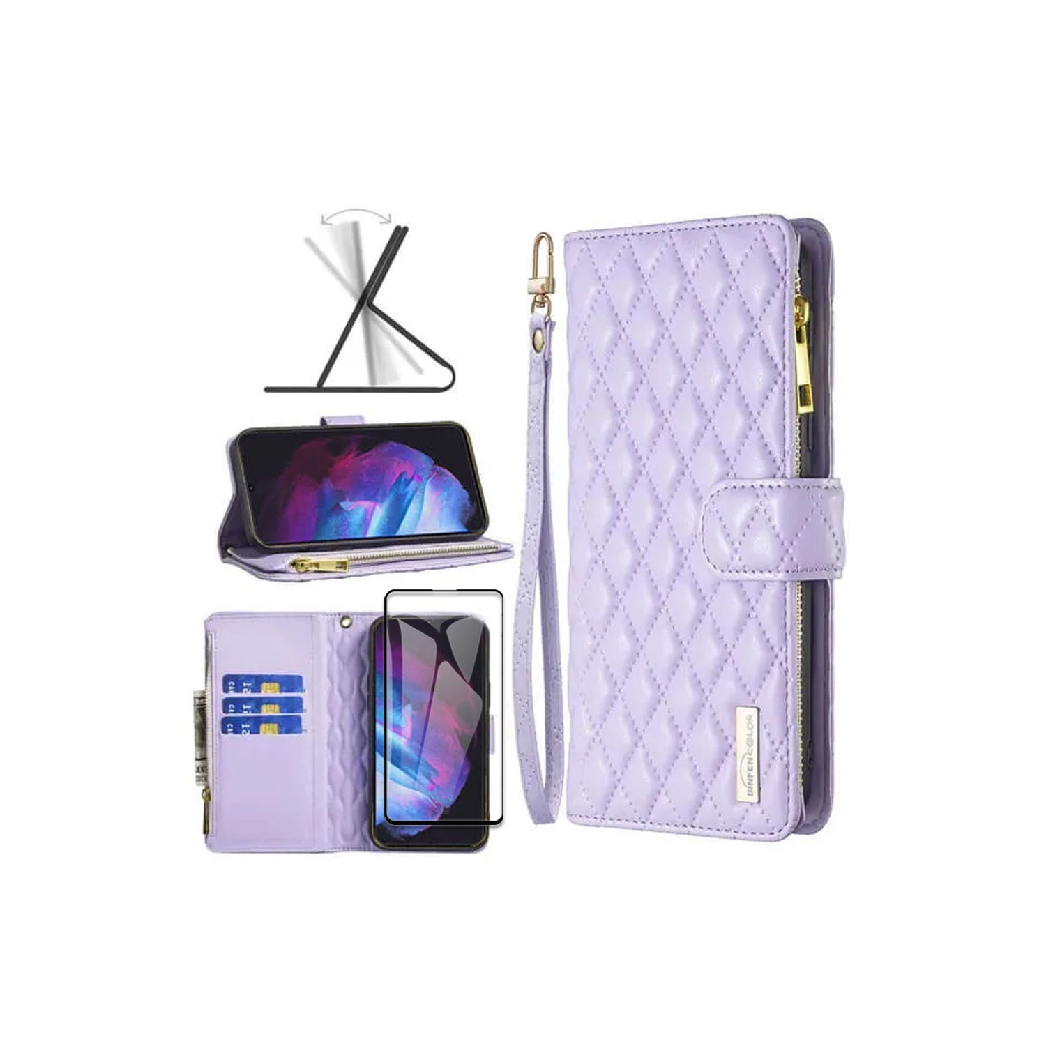 Samsung Smart View Diamond Quilted Leather Protective Case Cover For Galaxy S23 Plus Purple With Free Tempered Glass
