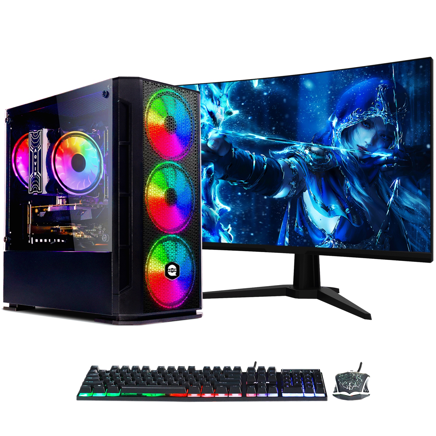 AQVIN AQ10 Gaming PC Tower - New 24 inch Curved Gaming Monitor ~ Intel Core i7 processor 32GB DDR4 RAM 1TB SSD ~ GeForce RTX 5060 8GB GDDR7 ~ Windows