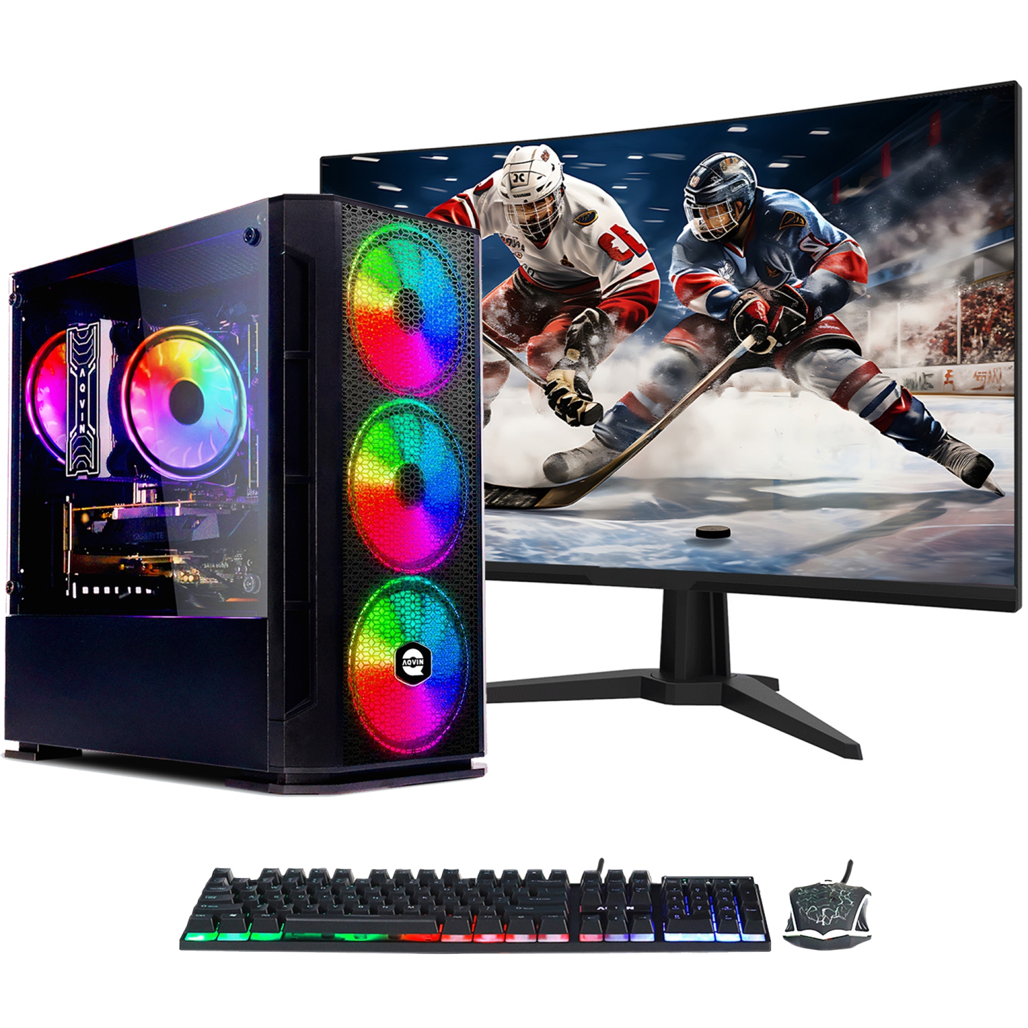 Gaming PC AQVIN AQ10 Desktop Computer Tower| RGB Fan Lights| Core i7 CPU upto 4.00 GHz| 2TB SSD (fast boot)| 32GB RAM| AMD RX 580| Windows 10 Pro| New 27 inch Curved Gaming Monitor
