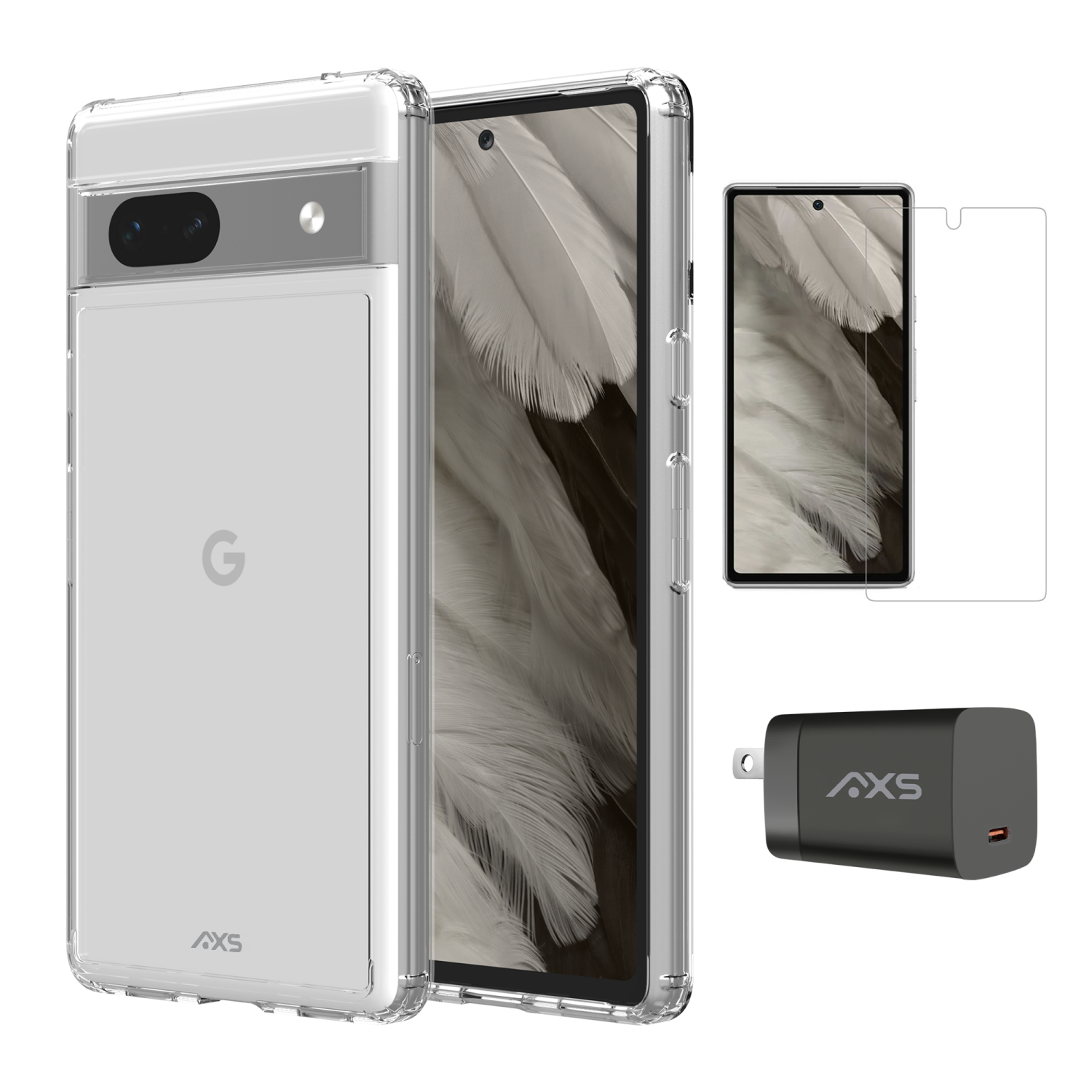 Trousse de démarrage AXS | Étui ultra transparent, protecteur d'écran et chargeur 30W pour Pixel 7a de Google