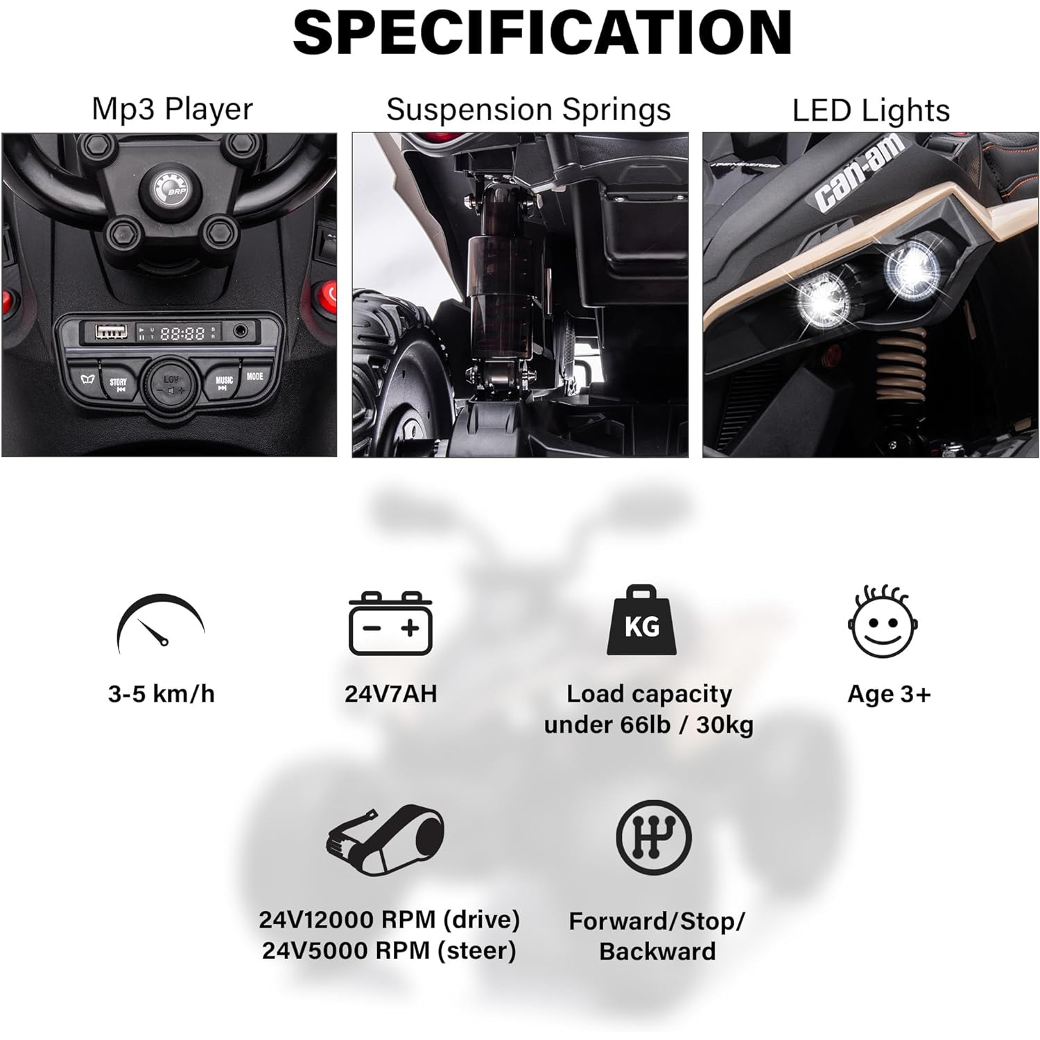 Voltz Toys ATV Ride-on Toy Car for Kids, 24V Licensed Can-Am Renegade Off-Road Battery Powered Electric Truck with LED Lights, and MP3 Player