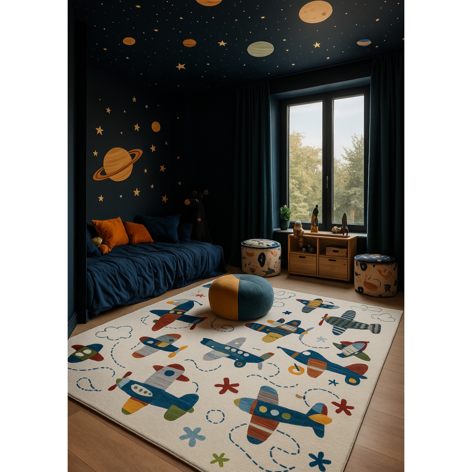 Tapis contemporain pour enfants Branch Maverick style avion bleu marine