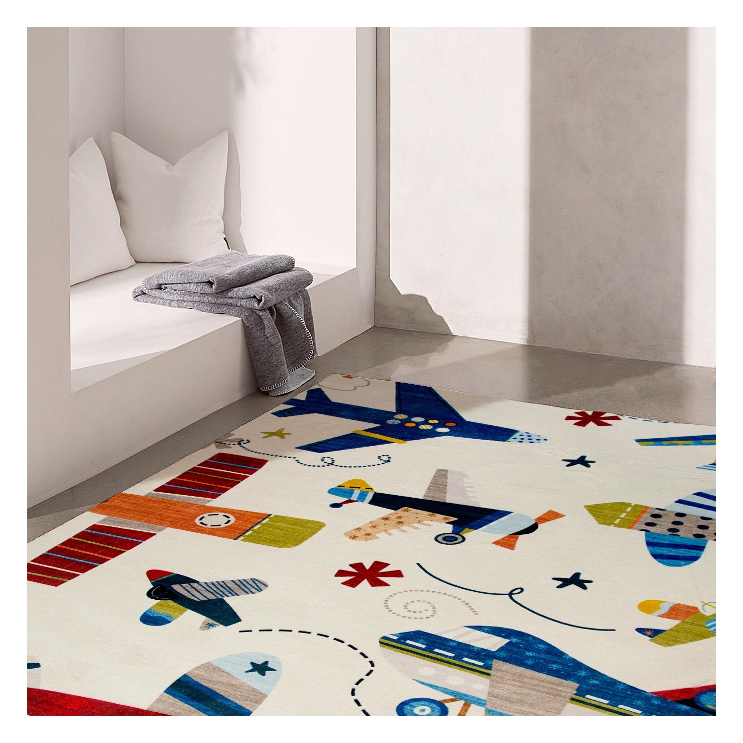 Tapis contemporain pour enfants Branch Maverick style avion bleu marine