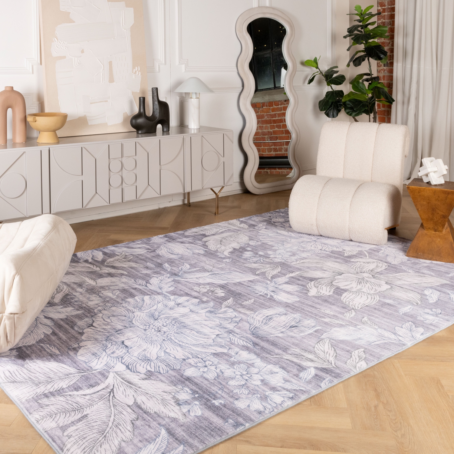 Tapis d'intérieur transitionnel Serena, motif floral beige/gris