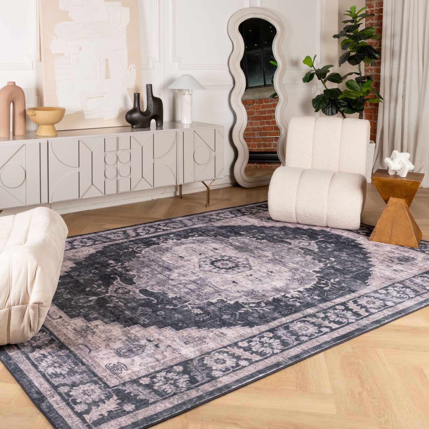 Tapis d'intérieur traditionnel Zarin Branch, noir oriental/gris