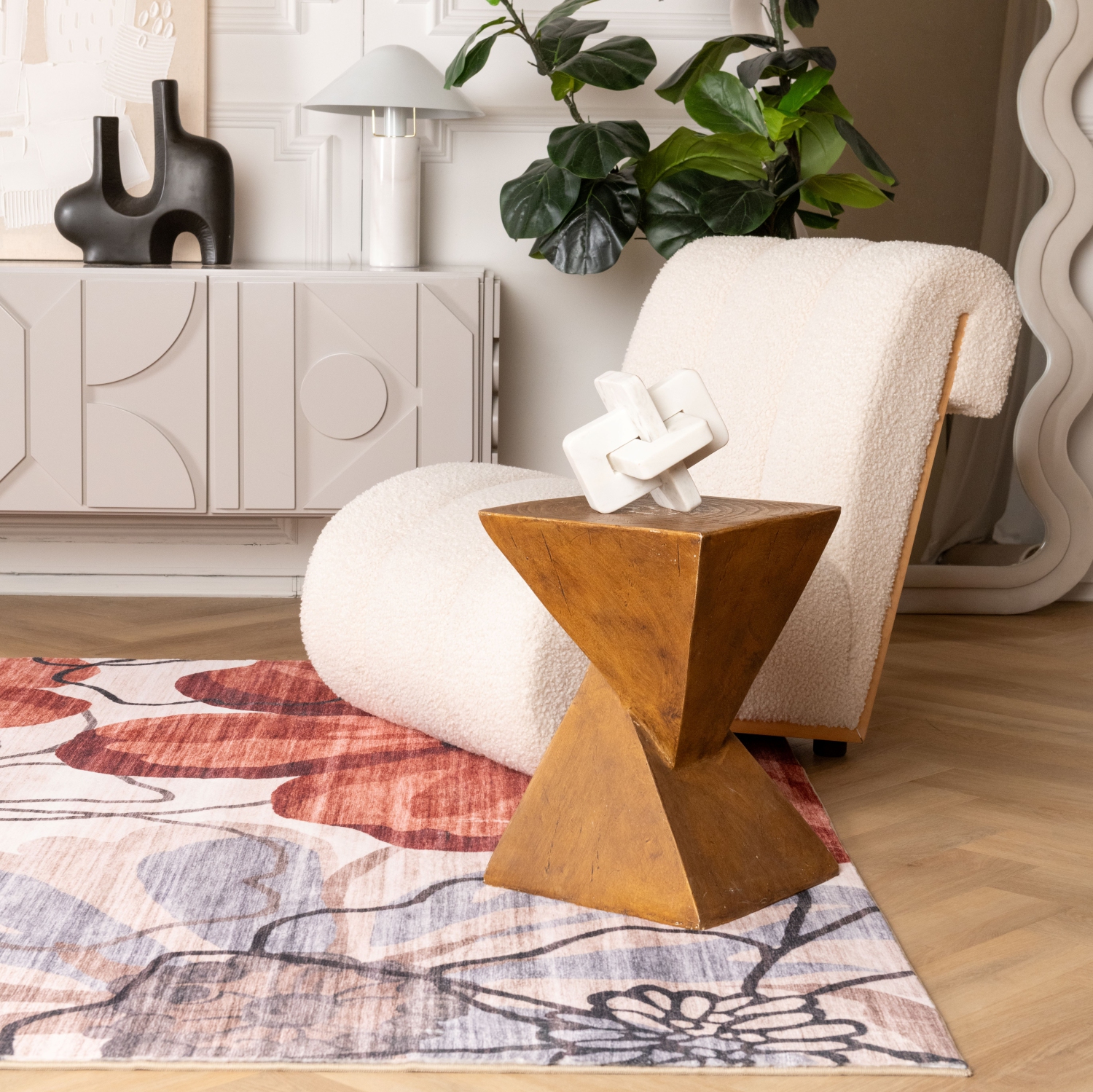 Tapis d'intérieur moderne Sakura à motif floral rouge/beige