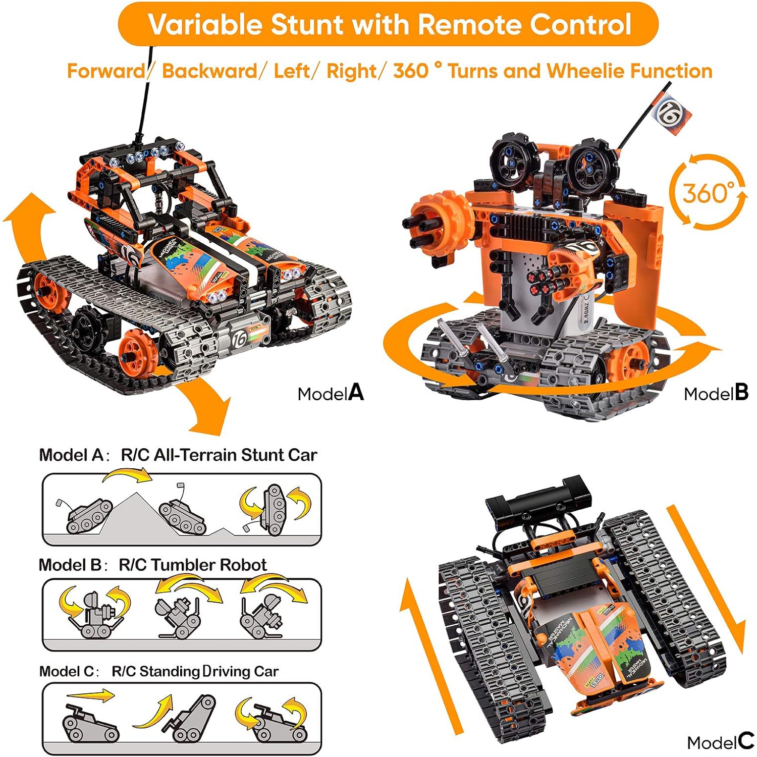 3-in-1 STEM Remote Control Building Kits Toys for Kids-392 Pieces Educational Blocks Kit, RC Racer Tracked Car/Robot/Tank Gift Set for Boys and Girls