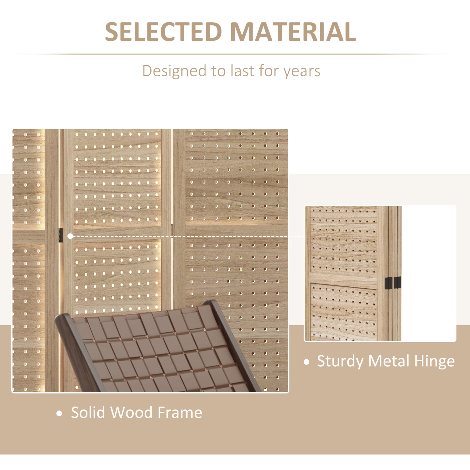 HOMCOM 5.6 Ft. Tall 4-Panel Room Divider, Pegboard Panel Freestanding Folding Privacy Screen Panels, Partition Wall Divider for Indoor Bedroom