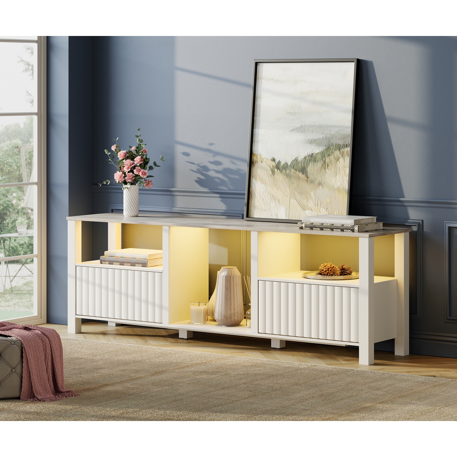 WAMPAT LED TV Stand for 75 Inches, White Entertainment Center for 80 inch TV Media Console Table with 5 Storage for Living Room Bedroom, 70''