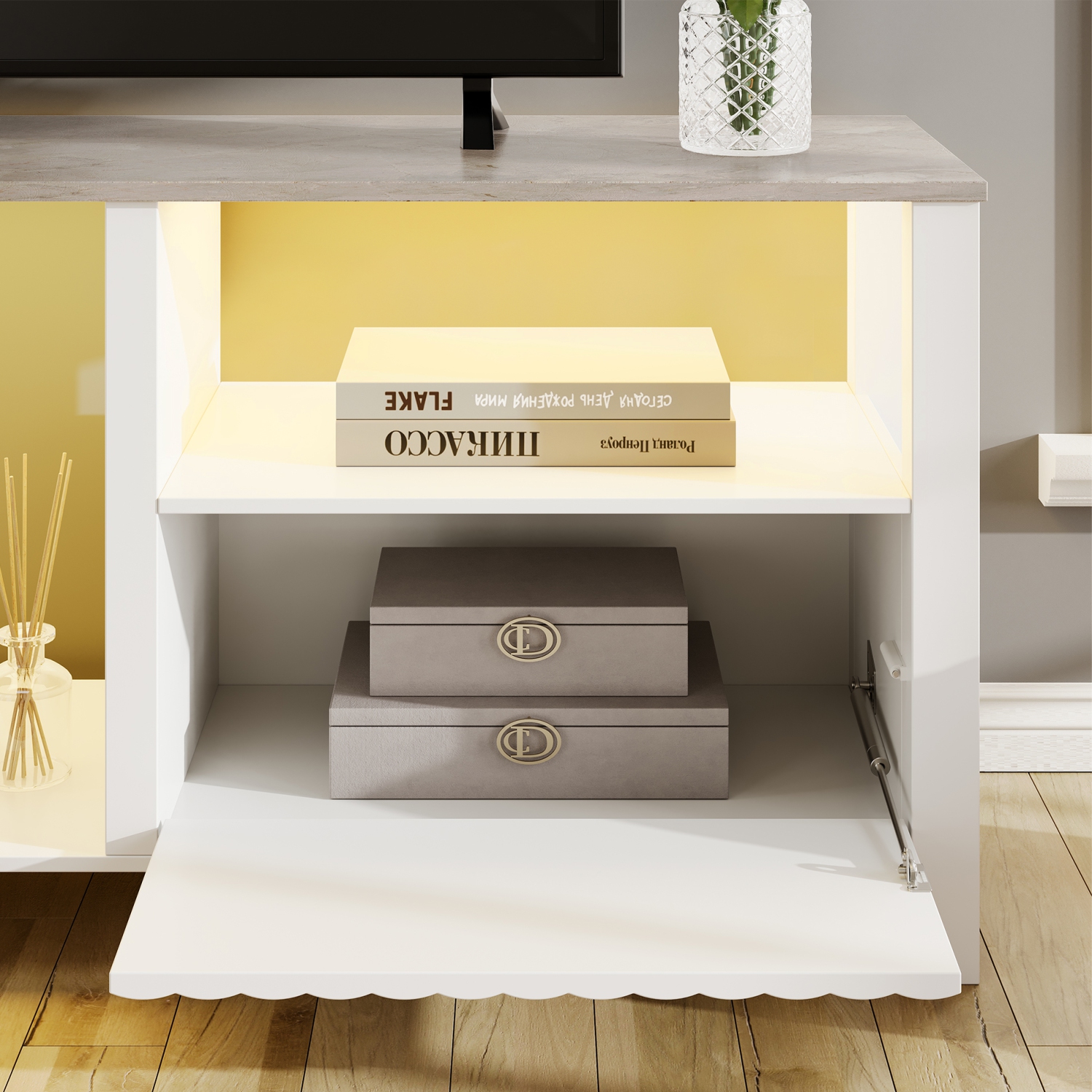 WAMPAT LED TV Stand for 75 Inches, White Entertainment Center for 80 inch TV Media Console Table with 5 Storage for Living Room Bedroom, 70''