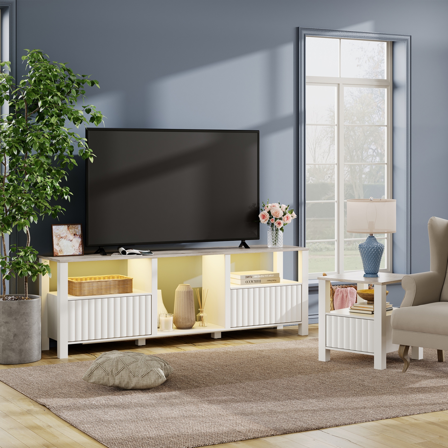 WAMPAT LED TV Stand for 75 Inches, White Entertainment Center for 80 inch TV Media Console Table with 5 Storage for Living Room Bedroom, 70''