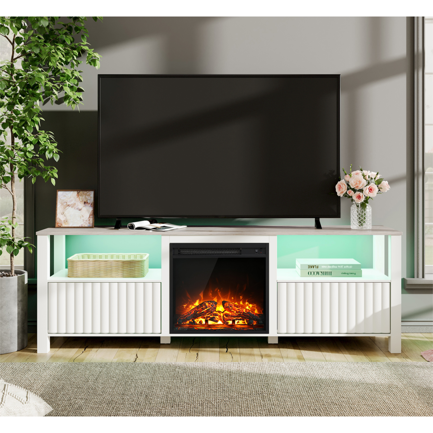 Meuble pour téléviseur WAMPAT avec foyer pour téléviseur de 75 po avec éclairage DEL RVB à 16 couleurs, 70 po