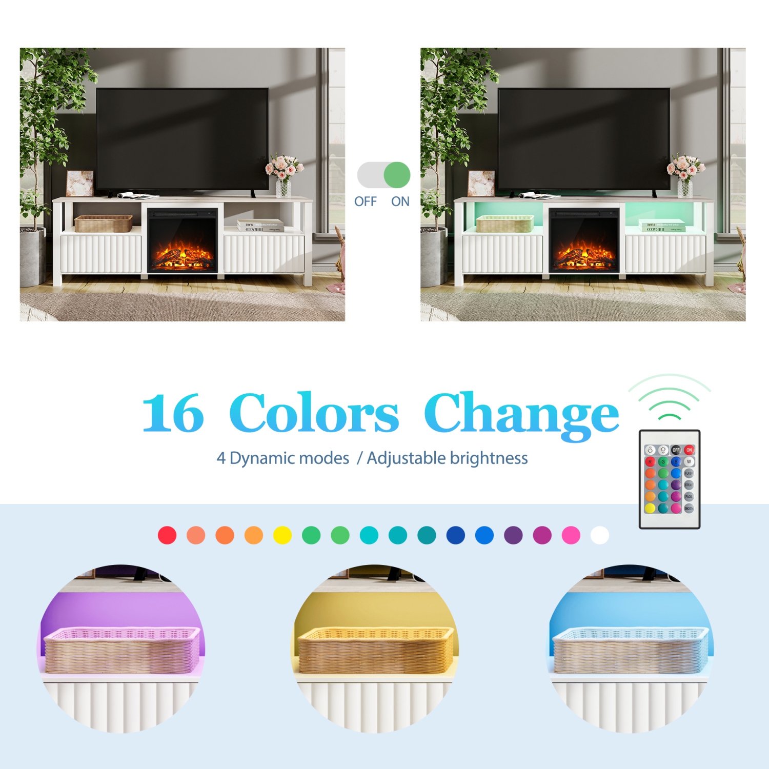 Meuble pour téléviseur WAMPAT avec foyer pour téléviseur de 75 po avec éclairage DEL RVB à 16 couleurs, 70 po