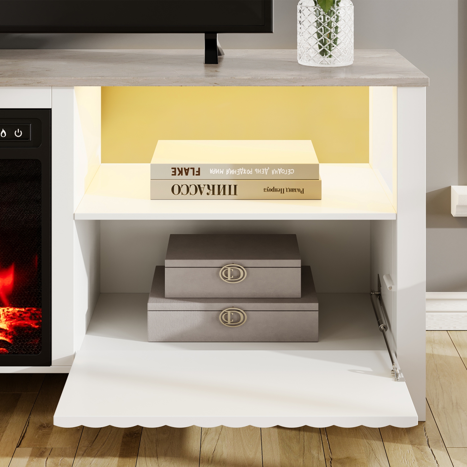 Meuble pour téléviseur WAMPAT avec foyer pour téléviseur de 75 po avec éclairage DEL RVB à 16 couleurs, 70 po