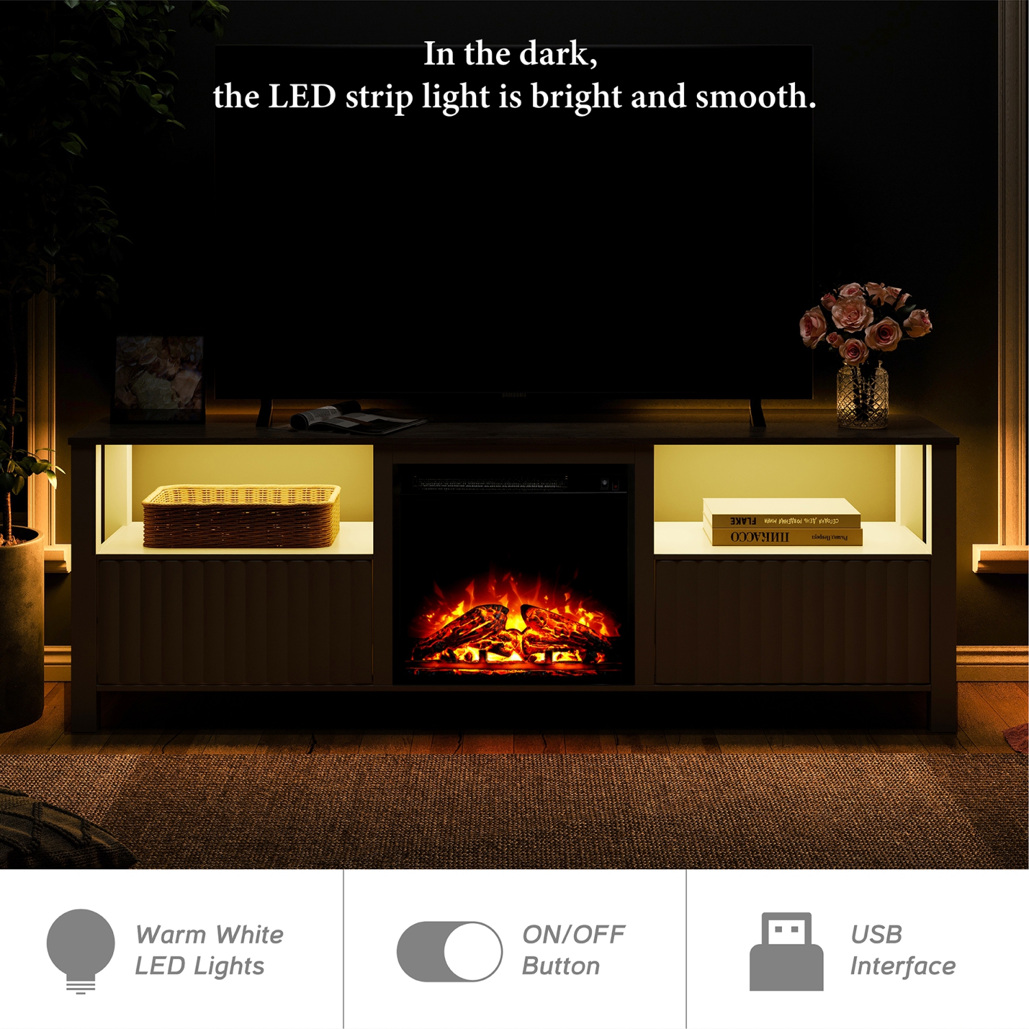 Meuble pour téléviseur WAMPAT avec foyer blanc pour téléviseur de 75 po, 70 po