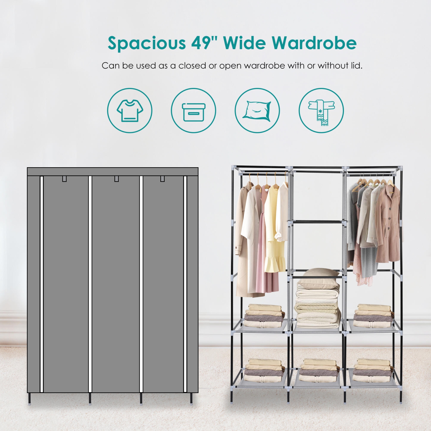 Garde-robe portatif avec 2 tringles, garde-robe en tissu non tissé et range-placard avec tablette de rangement et pochette latérale