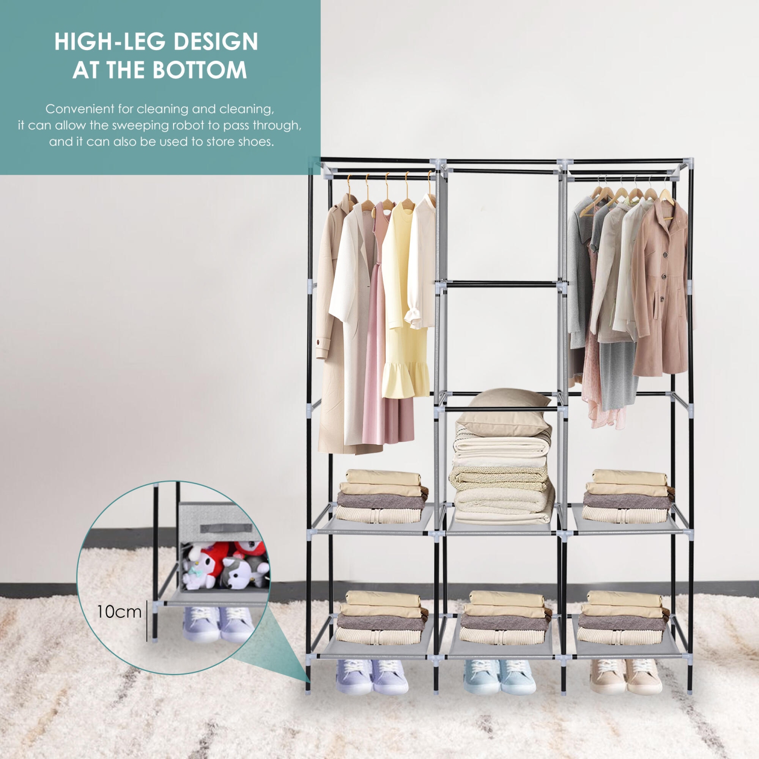 Garde-robe portatif avec 2 tringles, garde-robe en tissu non tissé et range-placard avec tablette de rangement et pochette latérale