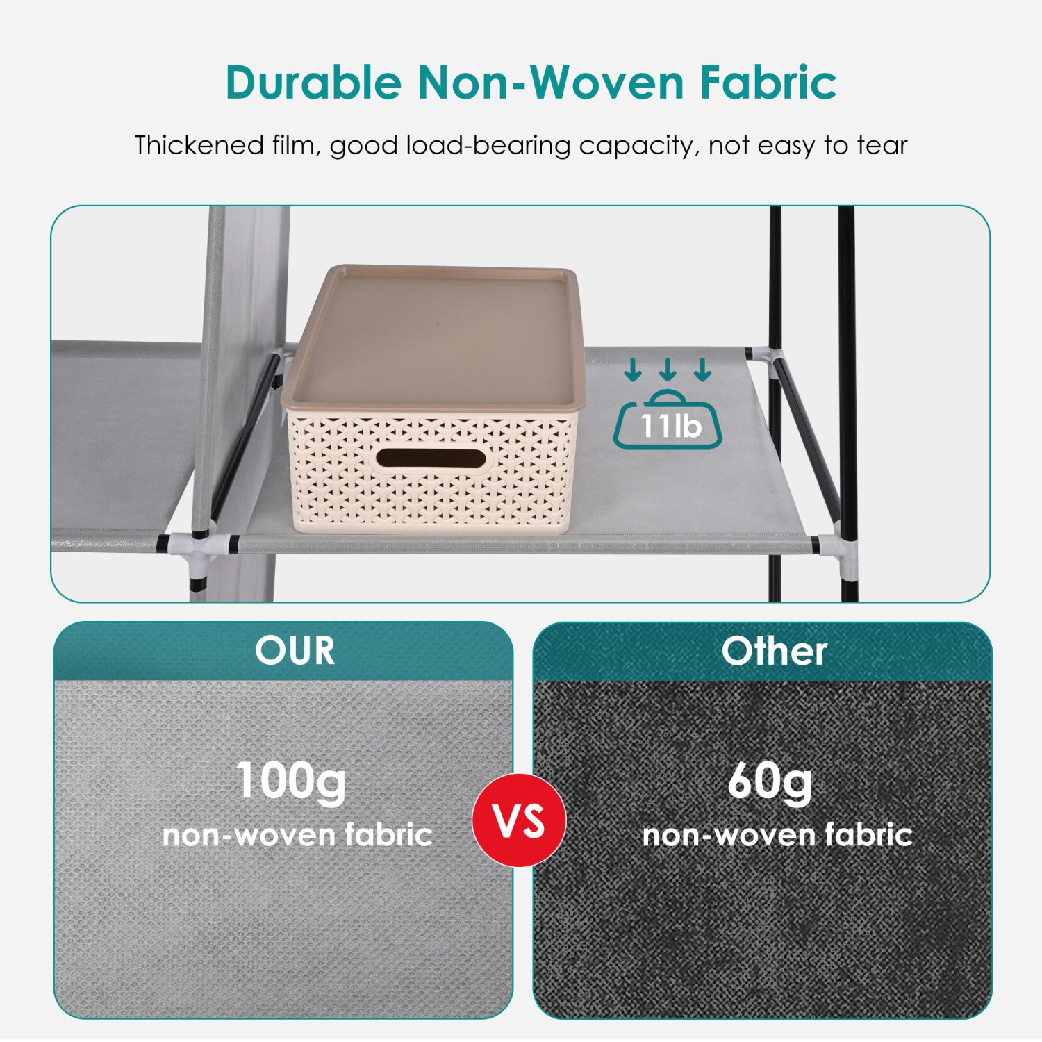 Garde-robe portatif avec 2 tringles, garde-robe en tissu non tissé et range-placard avec tablette de rangement et pochette latérale