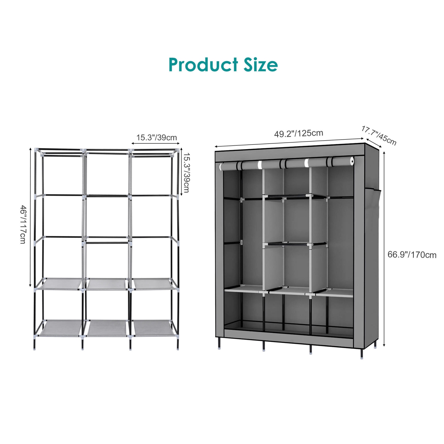 Garde-robe portatif avec 2 tringles, garde-robe en tissu non tissé et range-placard avec tablette de rangement et pochette latérale