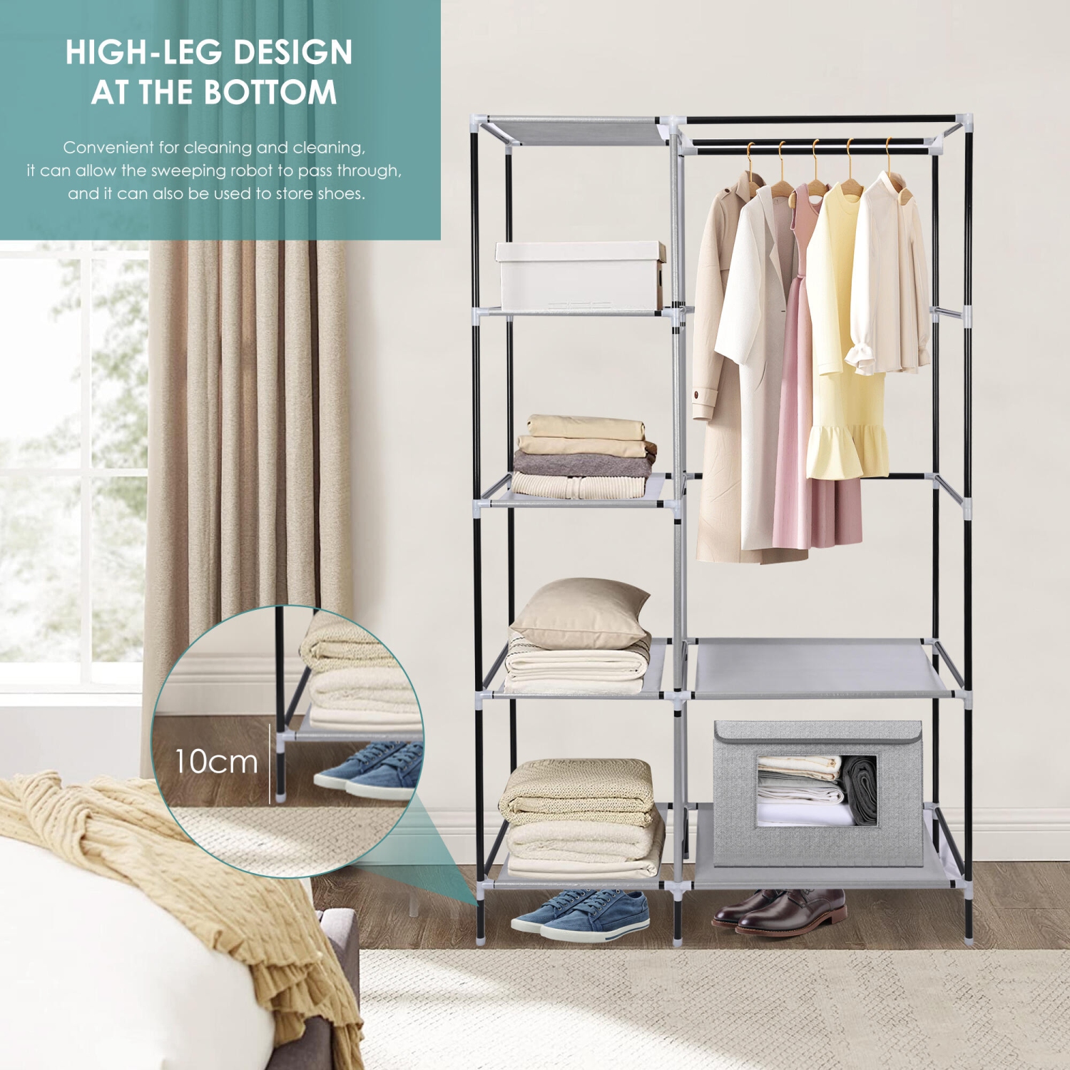 Portable Wardrobe Clothes Bedroom and Closet Organizers,Storage Shelves Non-Woven Fabric Cover with Hanging Rod and Side Pocket