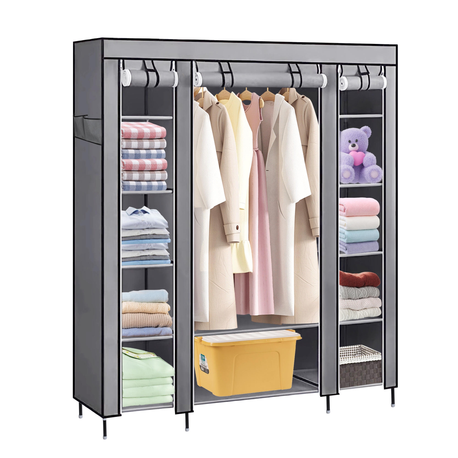 Portable Bedroom and Closet Organizers, Non-Woven Closet Wardrobe Fabric Clothes Organizer with Large Hanging Rod, 12 Storage Shelves and Side Pockets