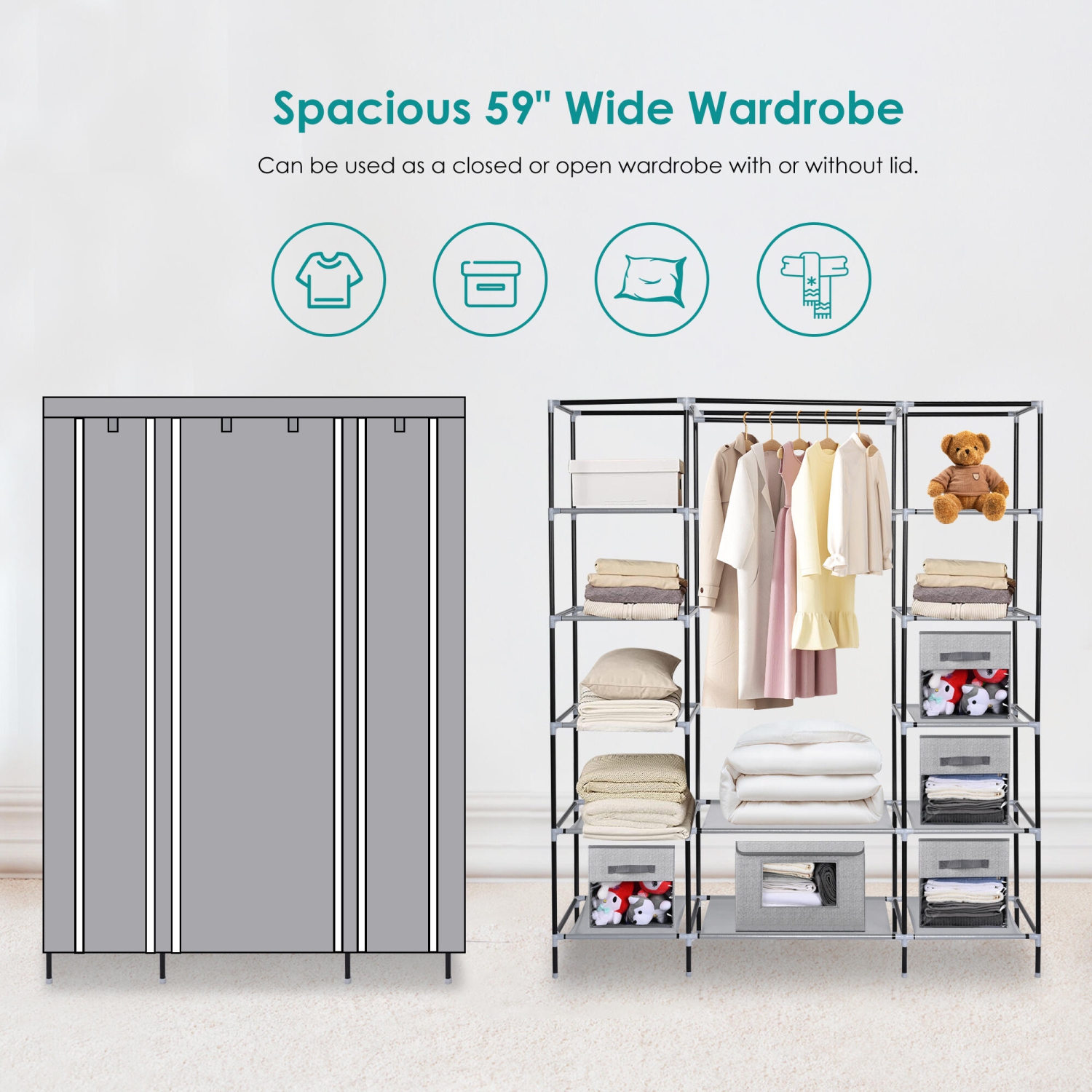 Portable Bedroom and Closet Organizers, Non-Woven Closet Wardrobe Fabric Clothes Organizer with Large Hanging Rod, 12 Storage Shelves and Side Pockets