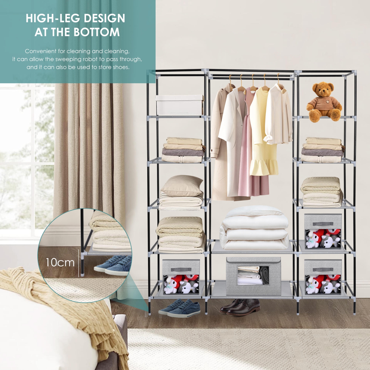 Portable Bedroom and Closet Organizers, Non-Woven Closet Wardrobe Fabric Clothes Organizer with Large Hanging Rod, 12 Storage Shelves and Side Pockets