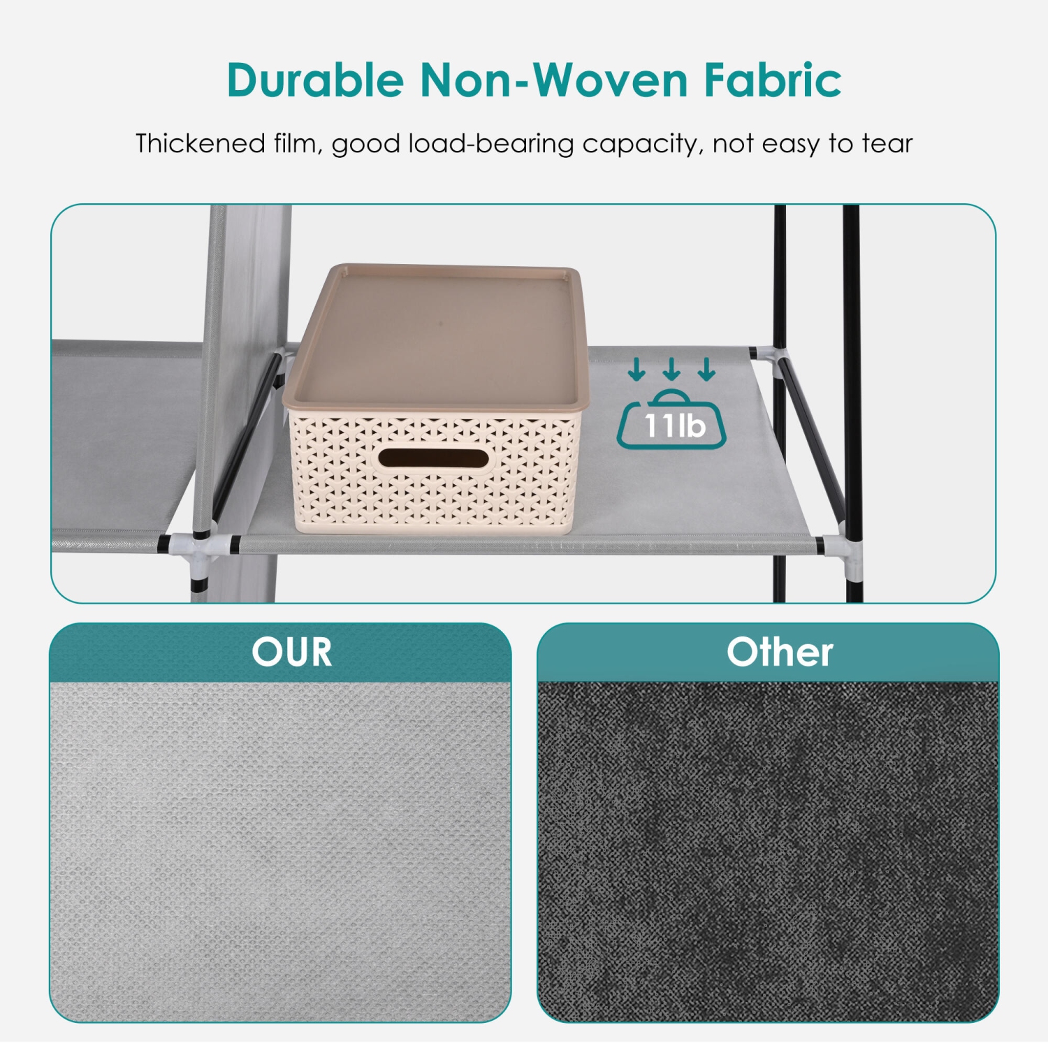 Portable Bedroom and Closet Organizers, Non-Woven Closet Wardrobe Fabric Clothes Organizer with Large Hanging Rod, 12 Storage Shelves and Side Pockets