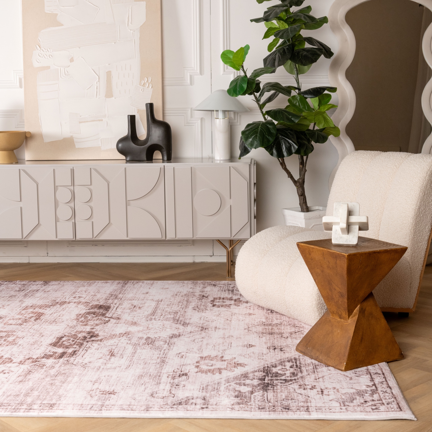 Tapis d'intérieur traditionnel à motif médaillon vieilli brun/crème branche Sahra