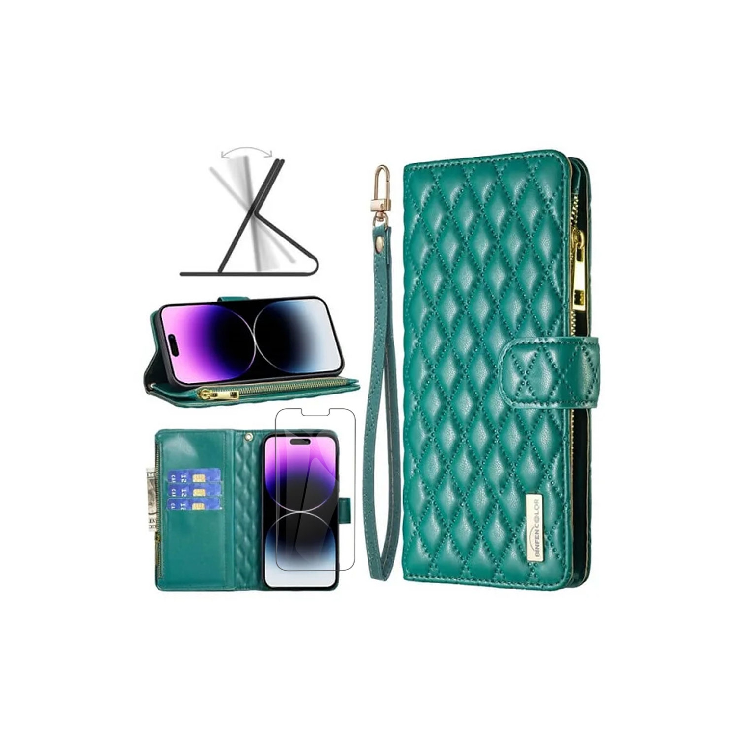 Apple Smart View Diamond Quilted Leather Protective Case Cover For iPhone 13/14 Green With Free Tempered Glass Screen Protector