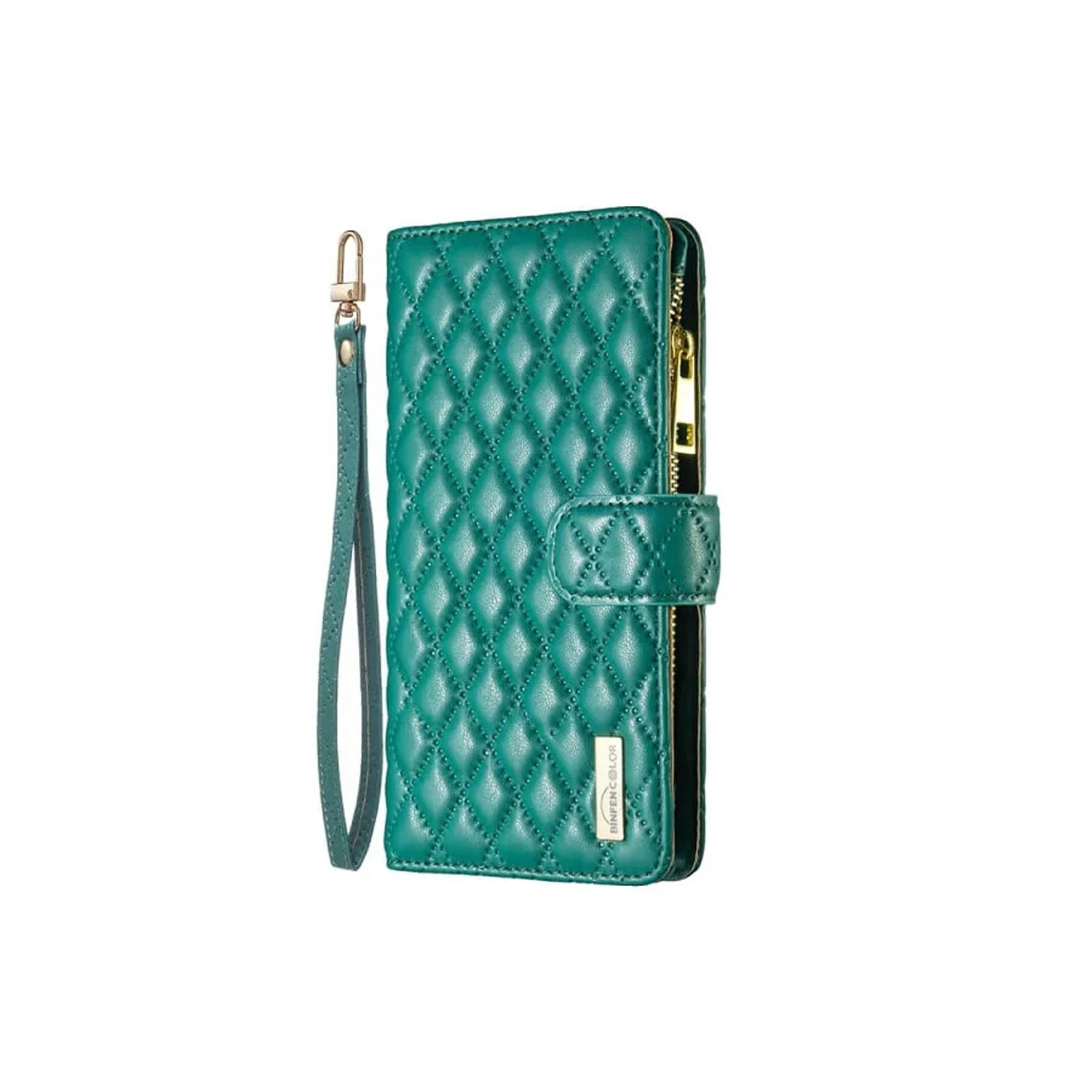 Apple Smart View Diamond Quilted Leather Protective Case Cover For iPhone 13/14 Green With Free Tempered Glass Screen Protector