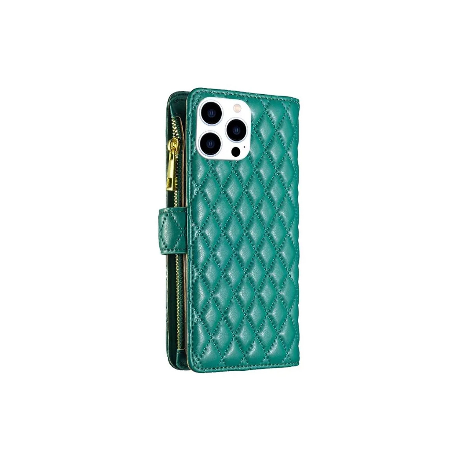 Apple Smart View Diamond Quilted Leather Protective Case Cover For iPhone 13/14 Green With Free Tempered Glass Screen Protector
