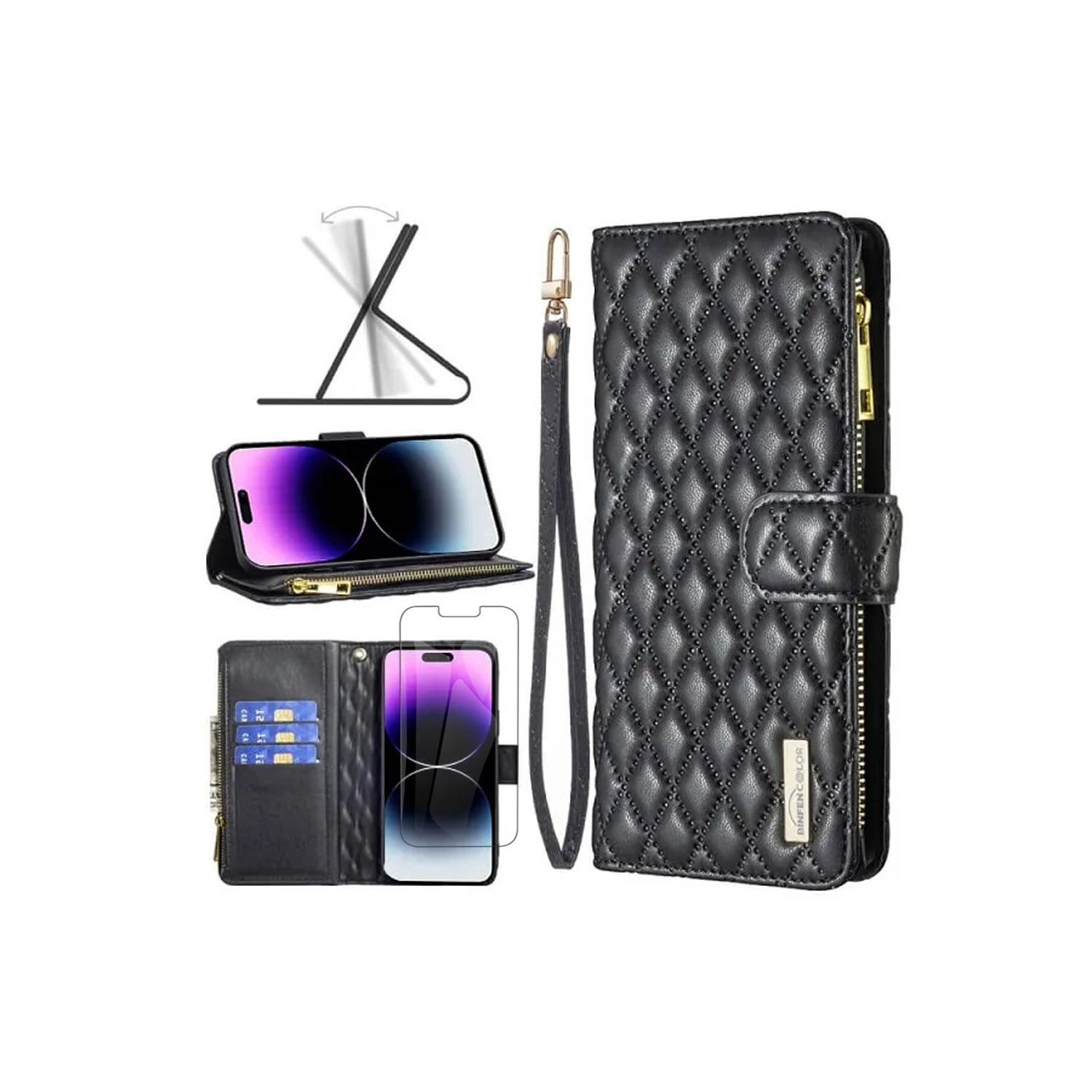 Étui protecteur en cuir matelassé Smart View Diamond d'Apple pour iPhone 13/14 noir avec protecteur d'écran en verre trempé gratuit