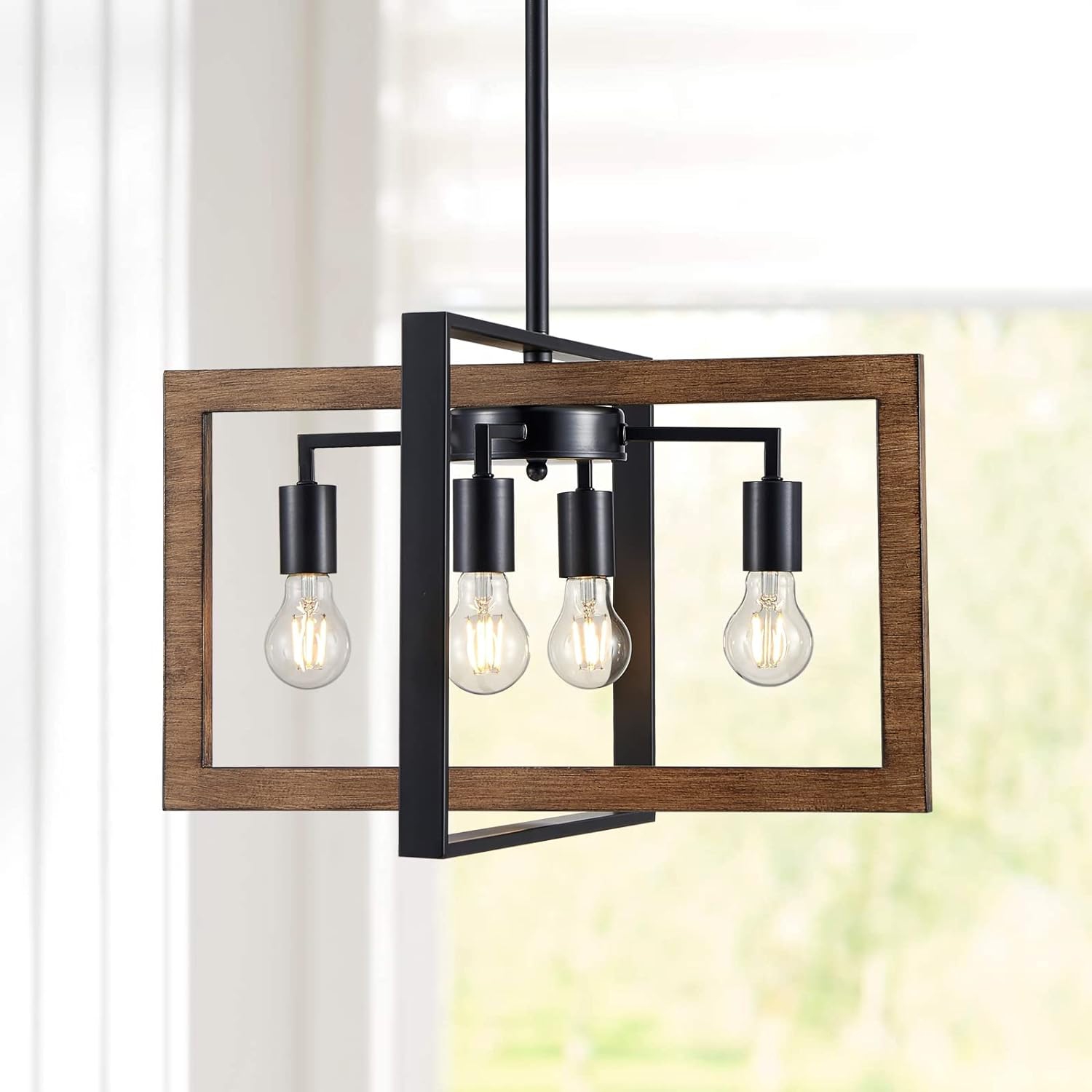 Open Box - XINGQI Farmhouse Light Fixtures Vintage Chandelier 4 Light Rustic Ceiling Light Black & Wood Grain Finish Cross Metal Luminaire