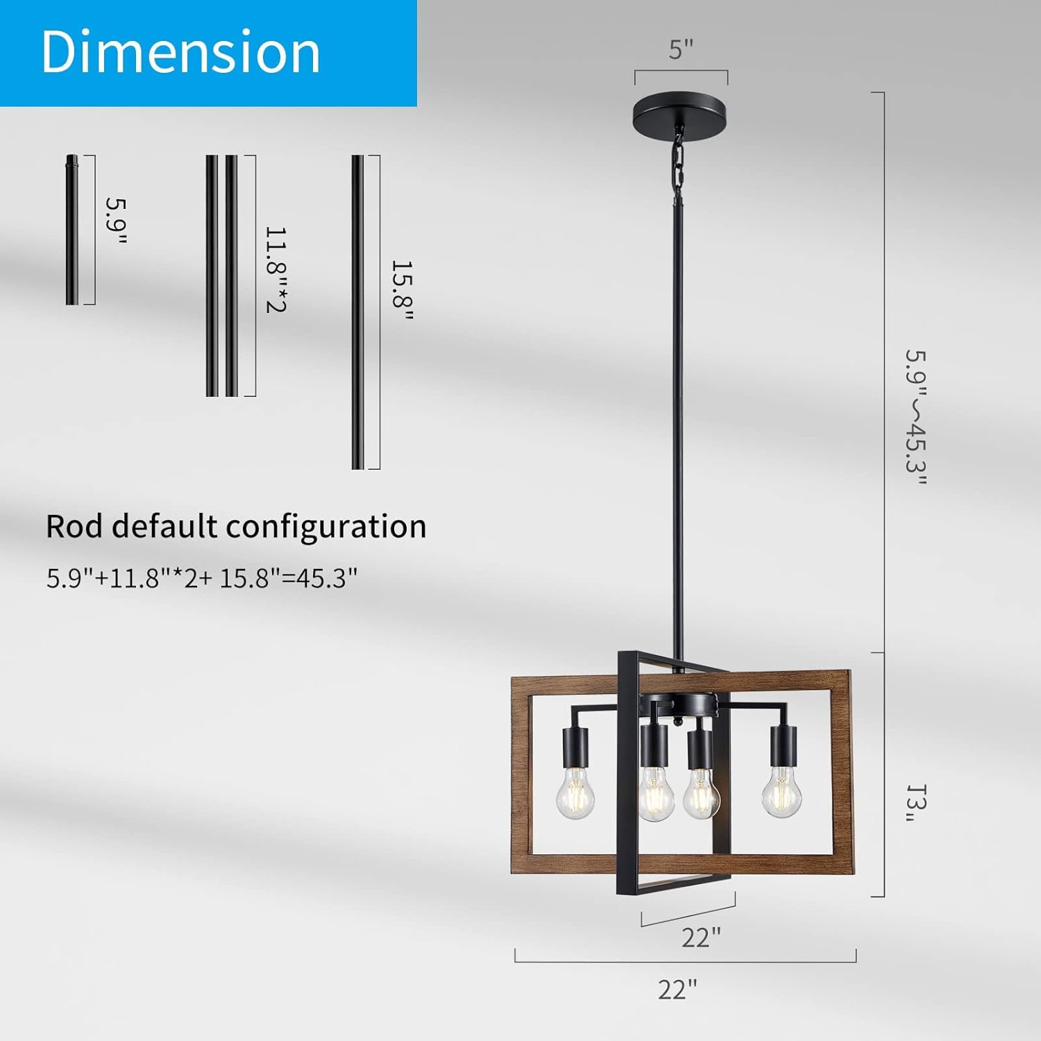 Open Box - XINGQI Farmhouse Light Fixtures Vintage Chandelier 4 Light Rustic Ceiling Light Black & Wood Grain Finish Cross Metal Luminaire